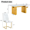 Table And Chair Set.Large Modern Rectangular Table With 0.4 Inch Patterned Glass Tabletop And Large Mdf Table Legs.Comes With 8 Chairs With Faux Leather Cushioned Seats And Golden Metal Legs. Gold White Seats 8 Mdf Glass