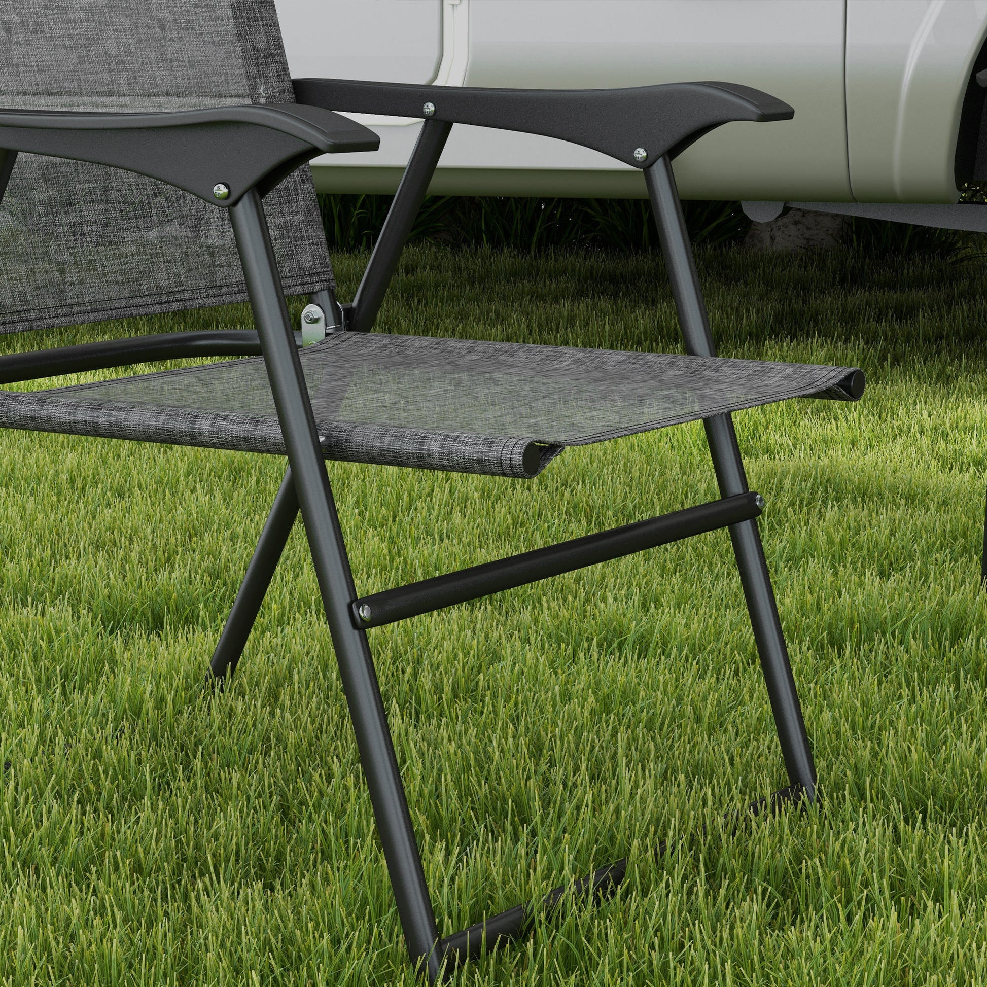 Outsunny Folding Patio Chairs, Set Of 4 Sports Chairs For Adults, Camping Chairs With Armrests,Mesh Fabric Seat For Lawn, Gray Gray Metal