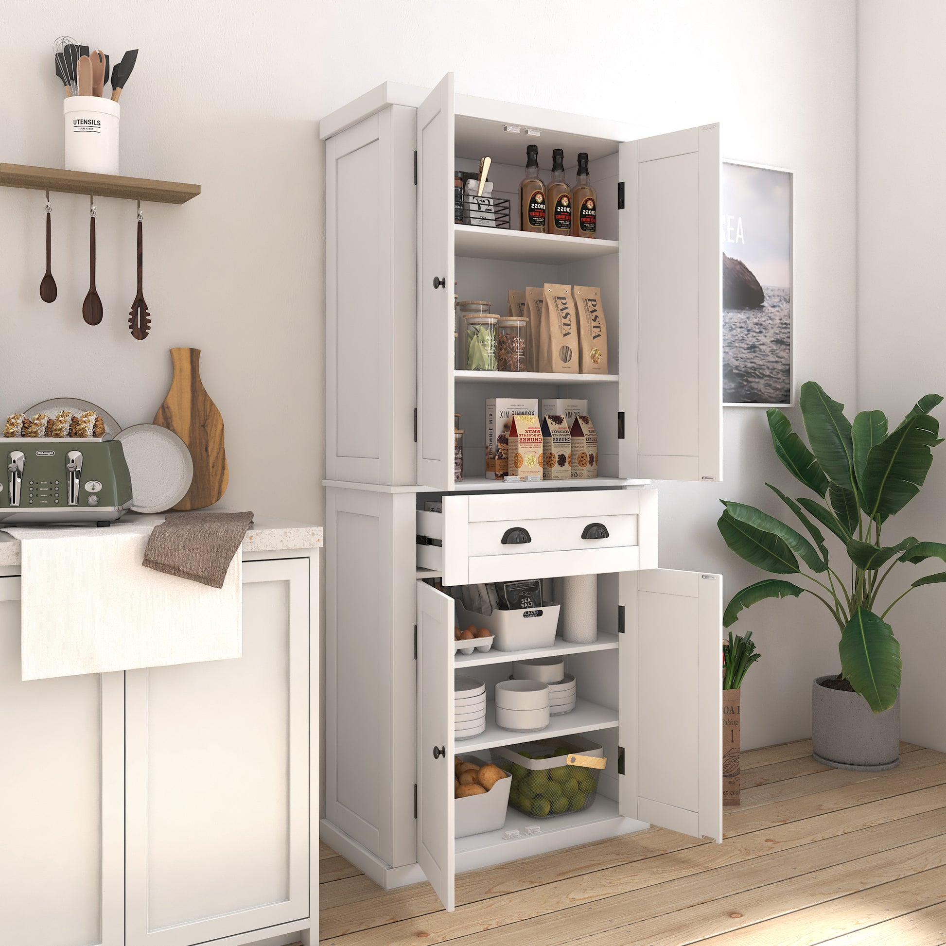 72" Kitchen Pantry Storage Cabinet, Traditional Freestanding Cupboard With 4 Doors And Adjustable Shelves, Large Central Drawer, White White Particle Board Mdf