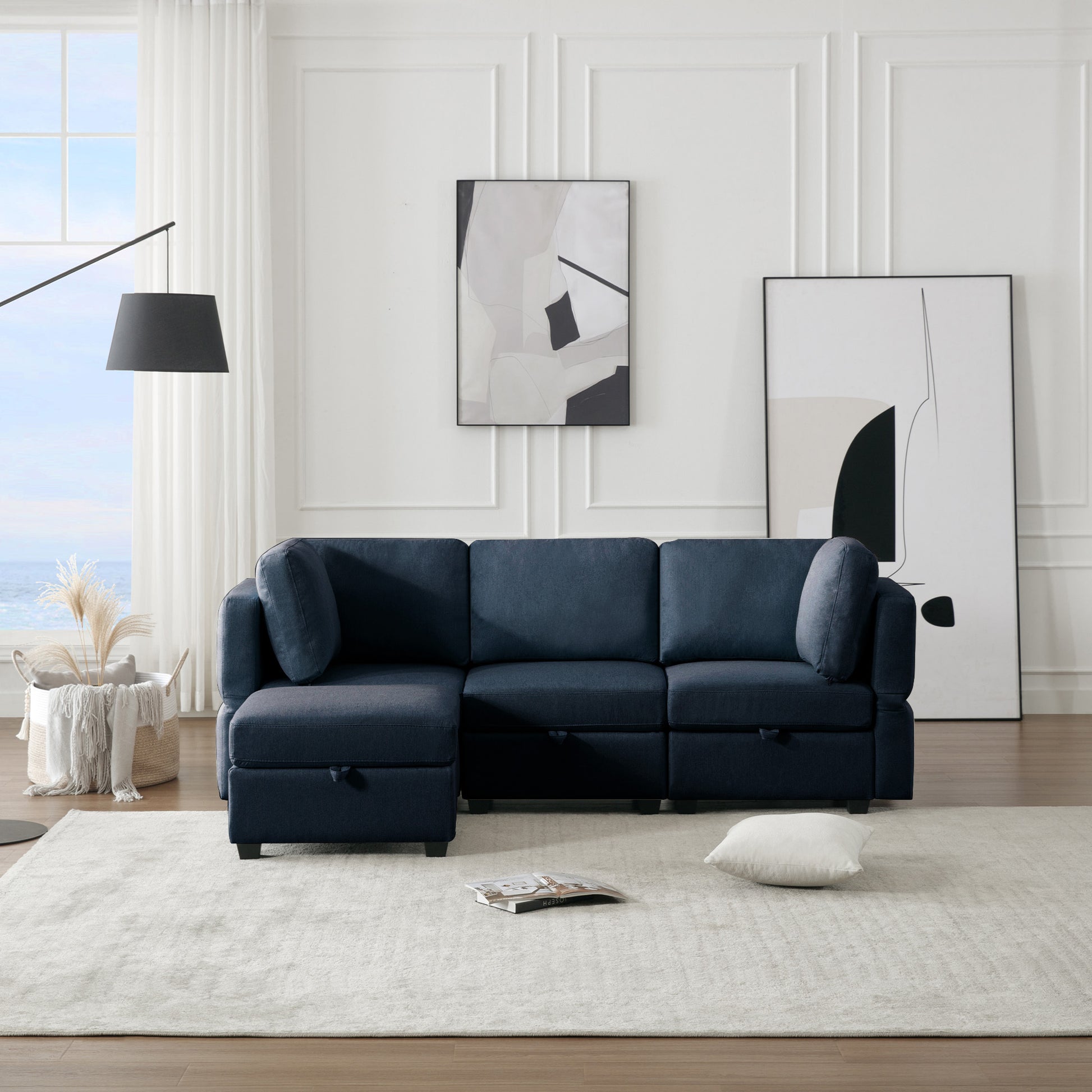 Convertible Sectional Sofa With Chaise, L Shaped Sofa Couch Modular Sectional Sofa With Storage Seats, Adjustable Arms And Backs Blue Blue Polyester 3 Seat