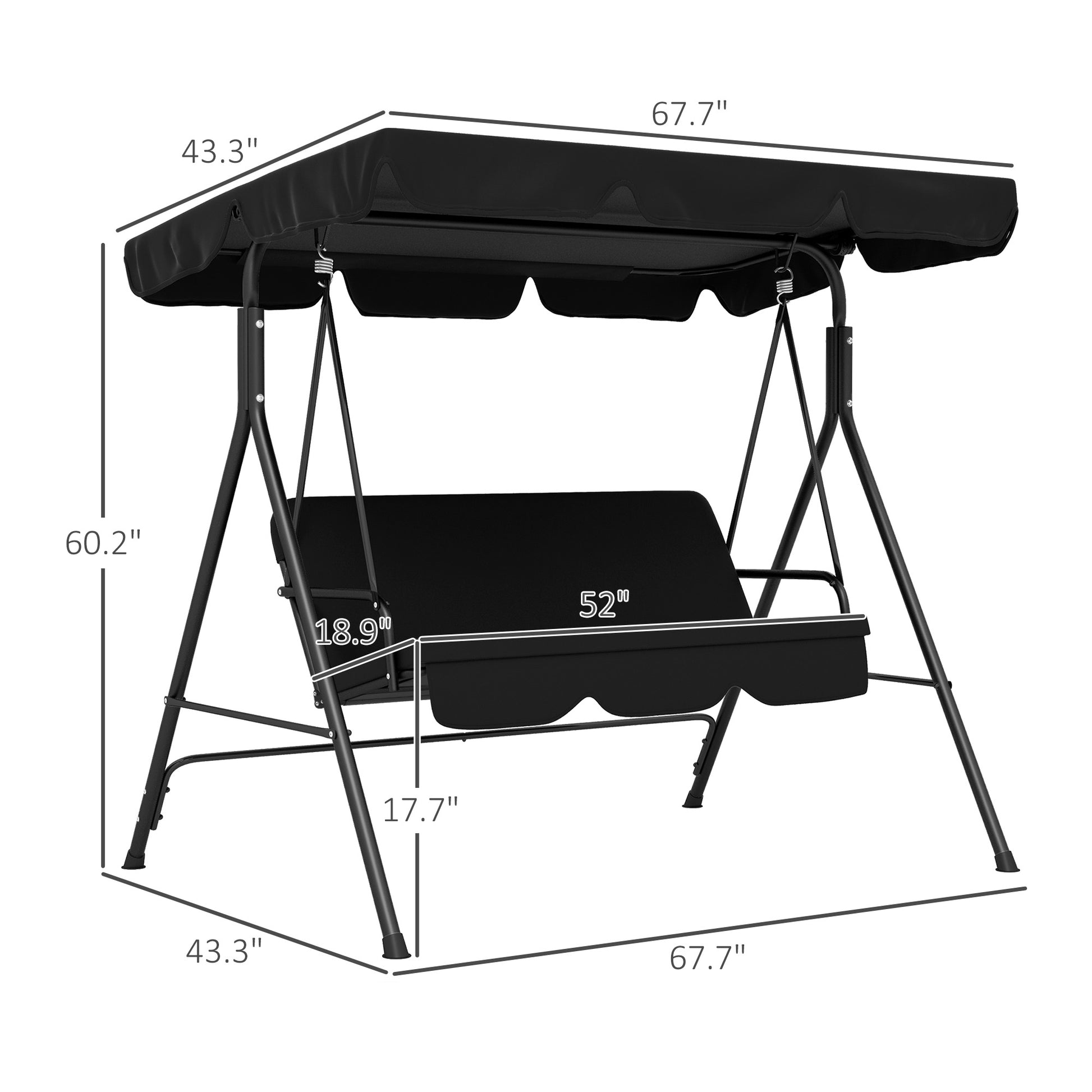 Outsunny 3 Seat Outdoor Patio Swing Chair With Removable Cushion, Steel Frame Stand And Adjustable Tilt Canopy For Patio, Garden, Poolside, Balcony, Backyard, Black 2 Black Steel
