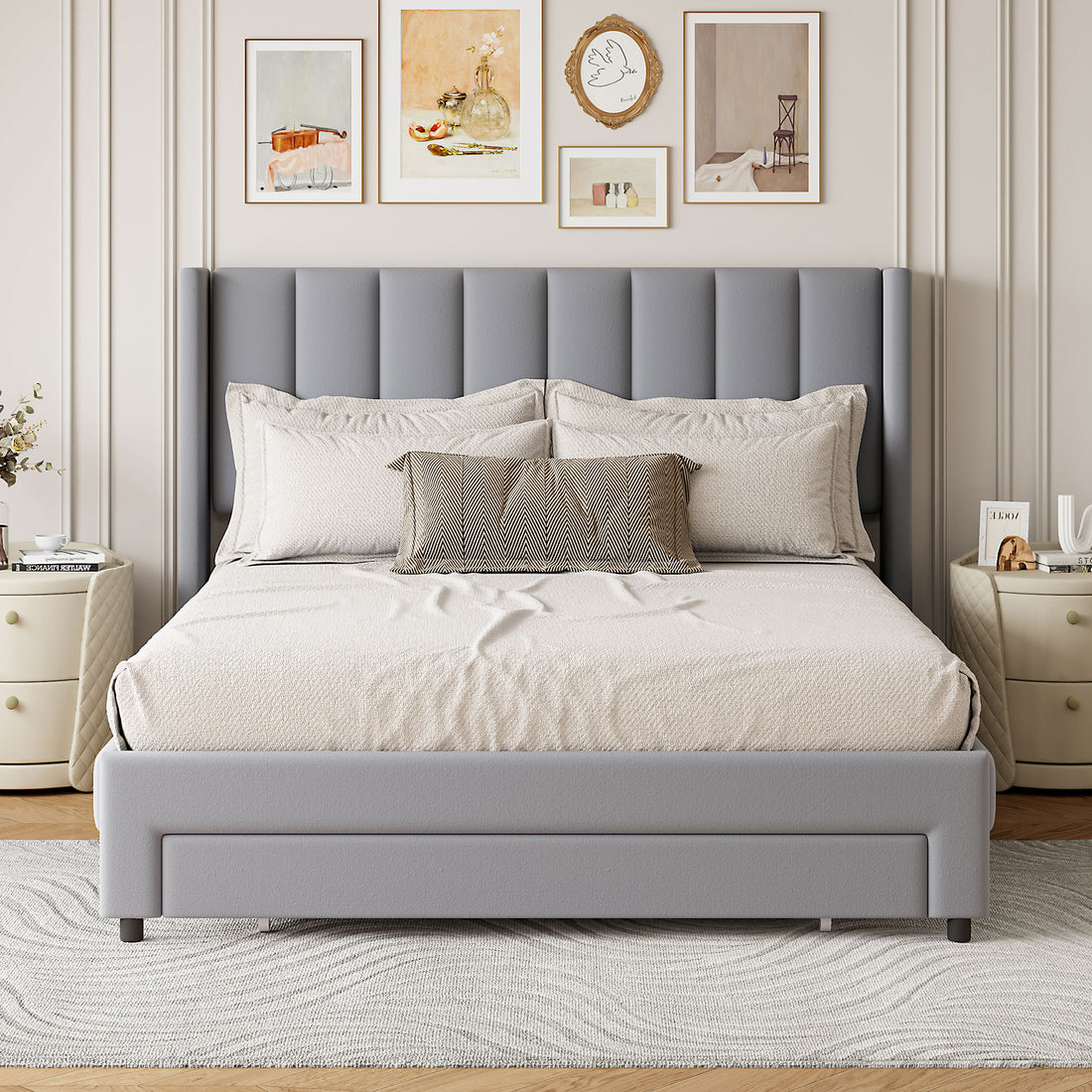Full Size Storage Bed Velvet Upholstered Platform Bed With A Big Drawer Gray Old Sku:Wf296850Aae Full Gray Velvet