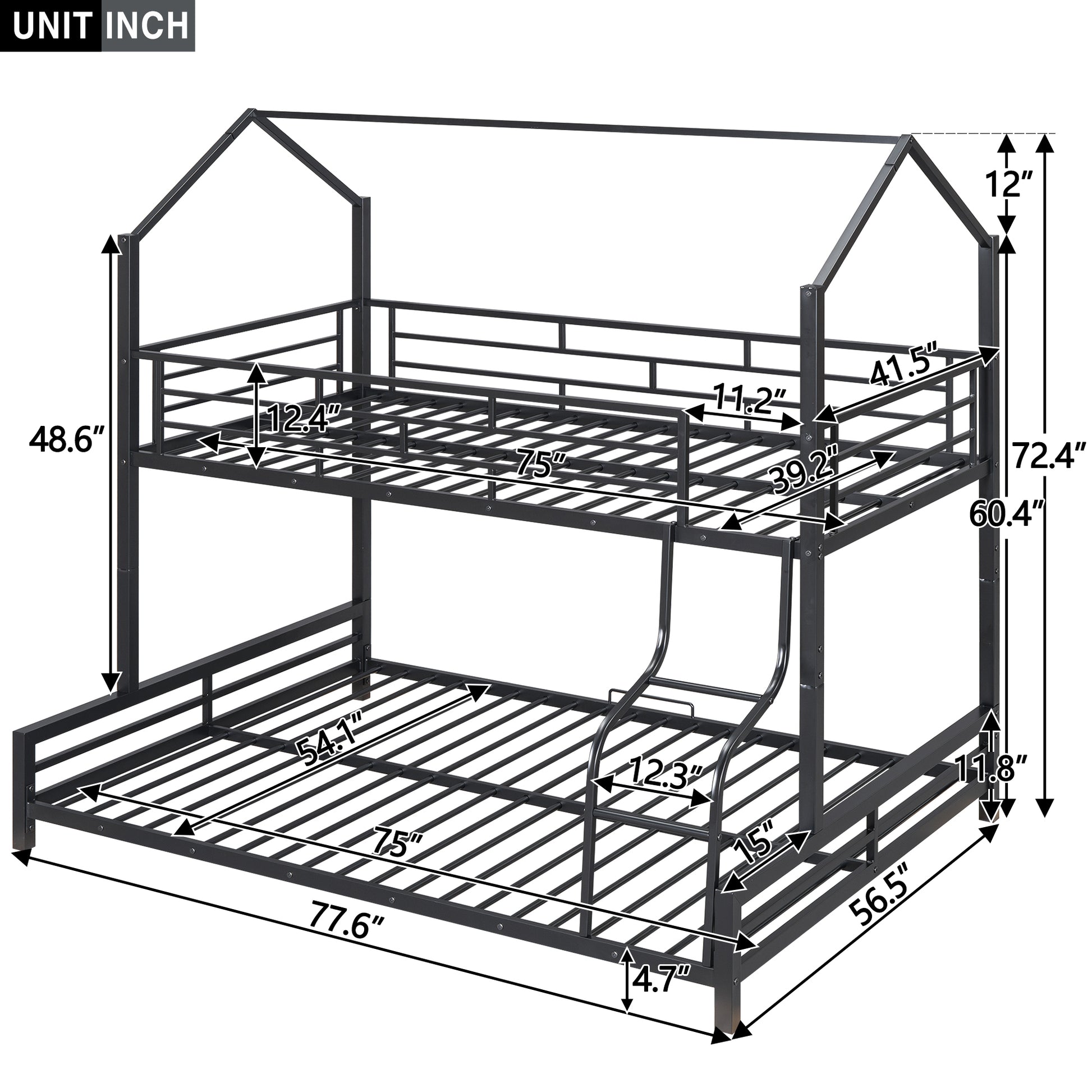 Metal House Bunk Bed, Twin Over Full, Black Full Black Metal