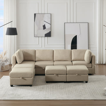 Adjustable Arms And Backs Sectional Sofa, Modern Sectional Couch U Shaped Sofa Couch With Storage Ottoman, Sofa With Convertible Chaise Beige Beige Polyester 4 Seat