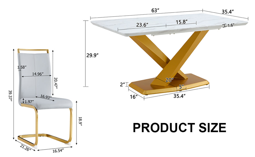 Table And Chair Set, The Table Is Equipped With A Marble Patterned Mdf Tabletop And Gold Table Legs.The Chair Is Equipped With Pu Synthetic Leather High Back Cushion And Gold Coated Metal Legs. Grey Gold Seats 6 Mdf Metal