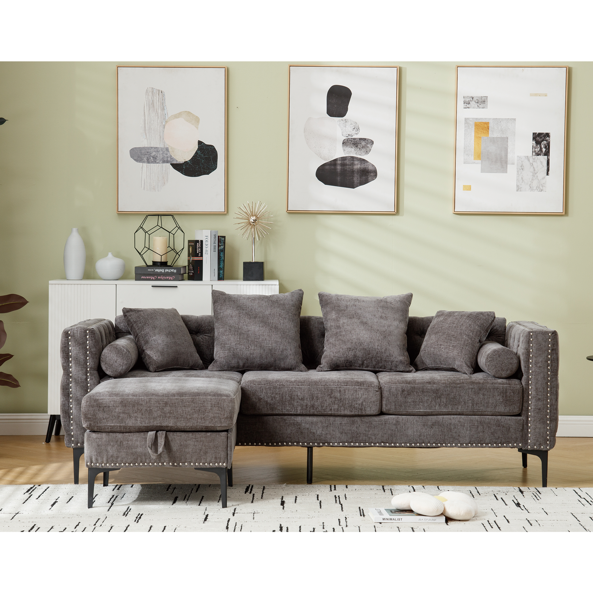 Arrived L Shaped Sectional Sofaconvertible Storage Ottoman,Chenille ,Square Arm, Modern Tufted Couch ,3 Seater, And Nailhead, Dark Gray Dark Gray Polyester Wood Primary Living Space Medium Soft Tufted Back Modern Square Arms Metal & Wood 4 Seat