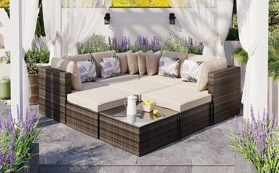 8 Piece Outdoor Wicker Sofa Set, Rattan Sofa Lounger, With Colorful Pillows, Conversation Sofa, For Patio, Garden, Deck, Brown Wicker, Beige Cushion Yes Brown Garden & Outdoor Complete Patio Sets Foam Wicker