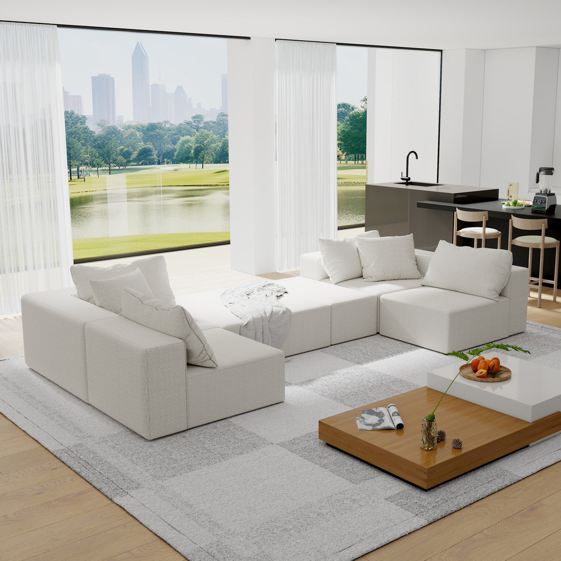 Modern Upholstered Sectional Sofa Couch Set,Modular 132" L Shaped Sectional Living Room Sofa Set With 6 Pillows,Free Combination Sofa Couch For Living Room,Bedroom Beige Foam Chenille 6 Seat