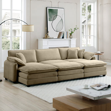 Oversized Modular Cushioned Sofa,With 3 Ottomans To Work As Sleeper Sofa Beds, 3 Seater Sofa With 3 Footstools,Tan Corduroy Fabric Tan Corduroy 3 Seat