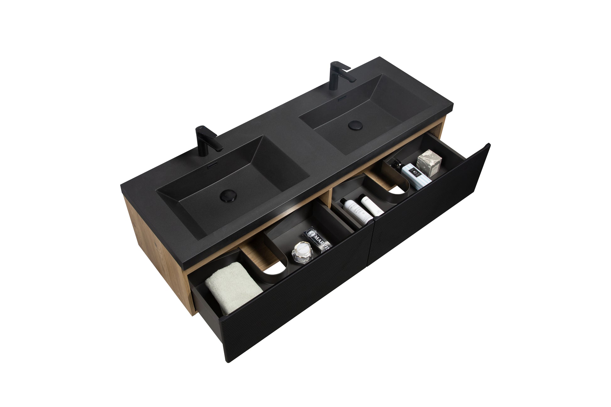 60" Floating Bathroom Vanity With Two Sinks, Modern Wall Mounted Bathroom Storage Vanity Cabinet With Countertop And Soft Close Drawers, Ink Black Cruis 60 Black Wood