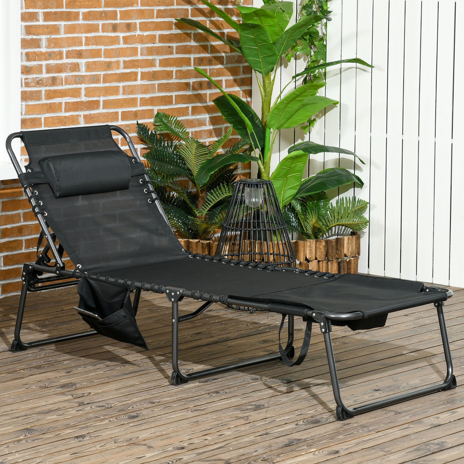Outsunny Folding Chaise Lounge With 5 Level Reclining Back, Outdoor Tanning Chair With Reading Face Hole, Outdoor Lounge Chair With Side Pocket & Headrest For Beach, Yard, Patio, Black Black Steel