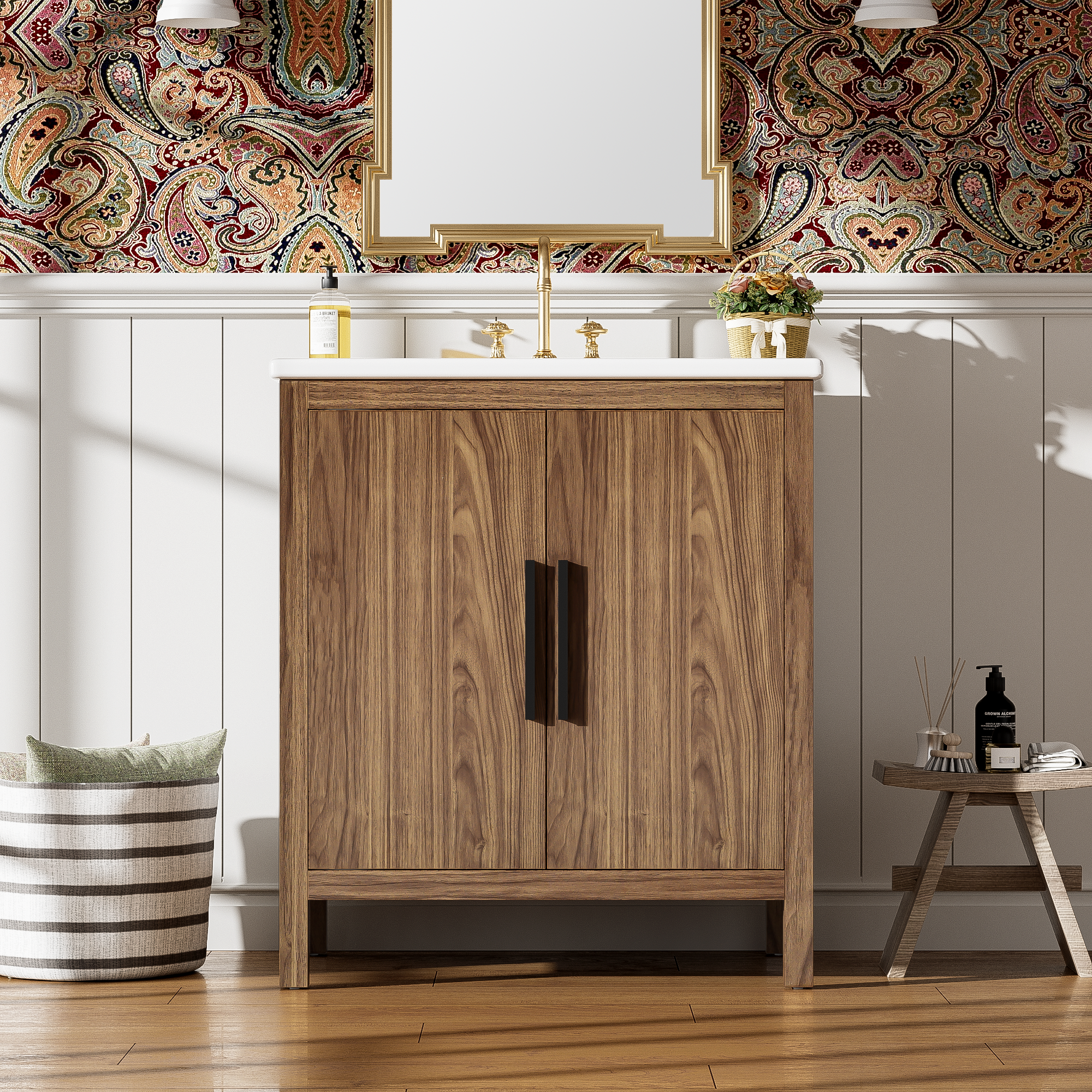 30" Wood Color Bathroom Vanity With Single Sink, Combination Under Counter Sink, Bathroom Storage Cabinet With Soft Closing Door, Multi Function Storage, Solid Wood Frame Wood Bathroom Solid Wood Mdf