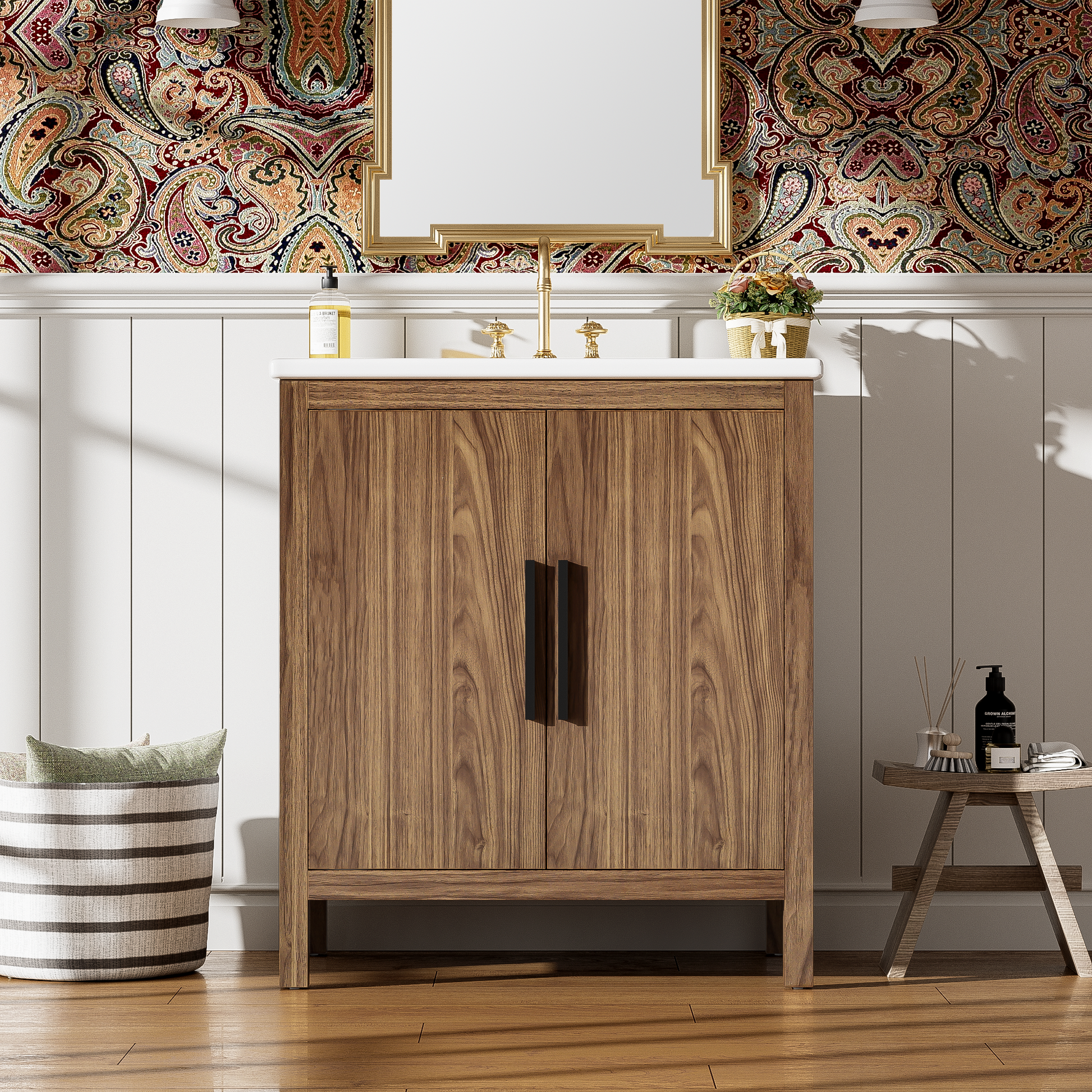 30" Wood Color Bathroom Vanity With Single Sink, Combination Under Counter Sink, Bathroom Storage Cabinet With Soft Closing Door, Multi Function Storage, Solid Wood Frame Wood Bathroom Solid Wood Mdf