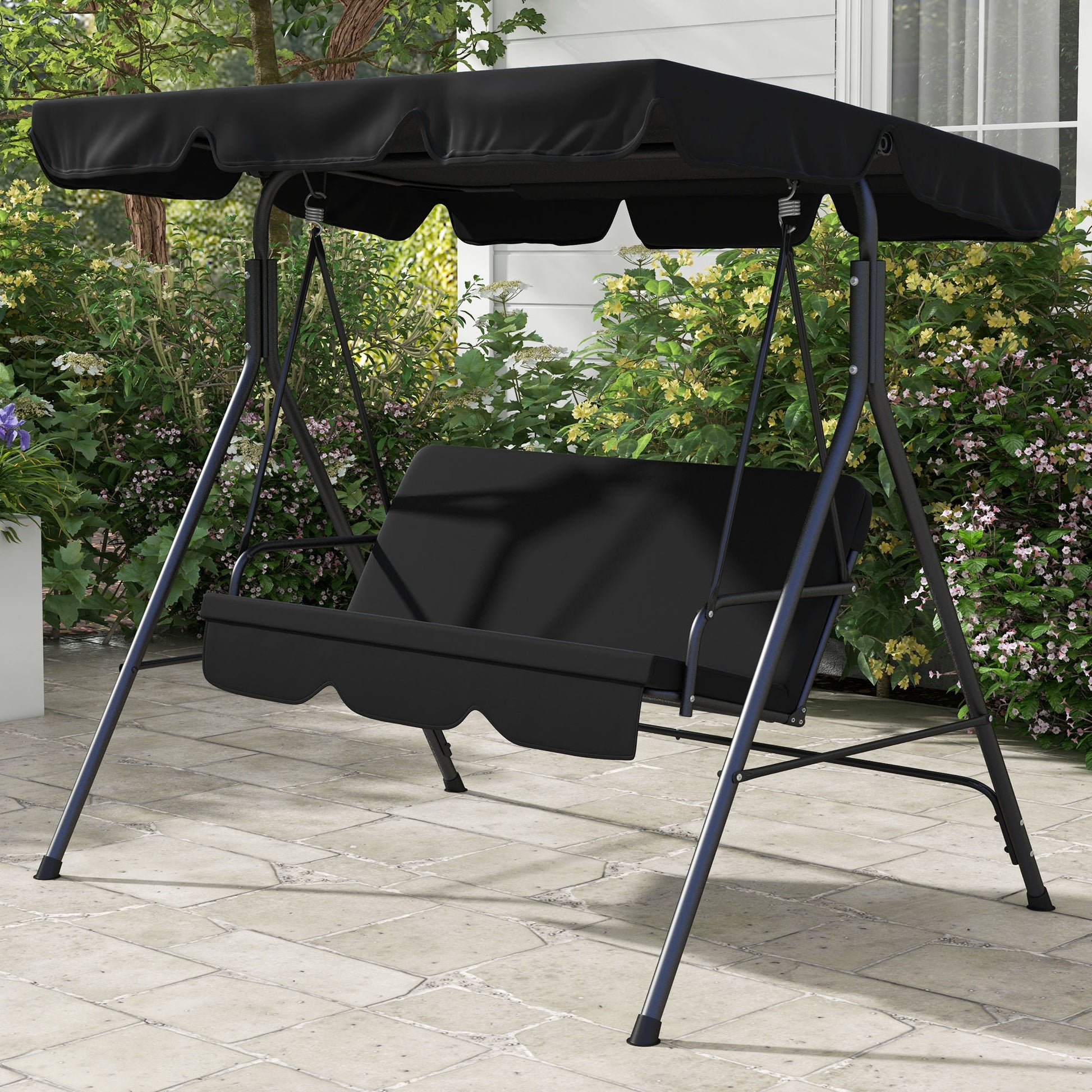 Outsunny 3 Seat Outdoor Patio Swing Chair With Removable Cushion, Steel Frame Stand And Adjustable Tilt Canopy For Patio, Garden, Poolside, Balcony, Backyard, Black 2 Black Steel
