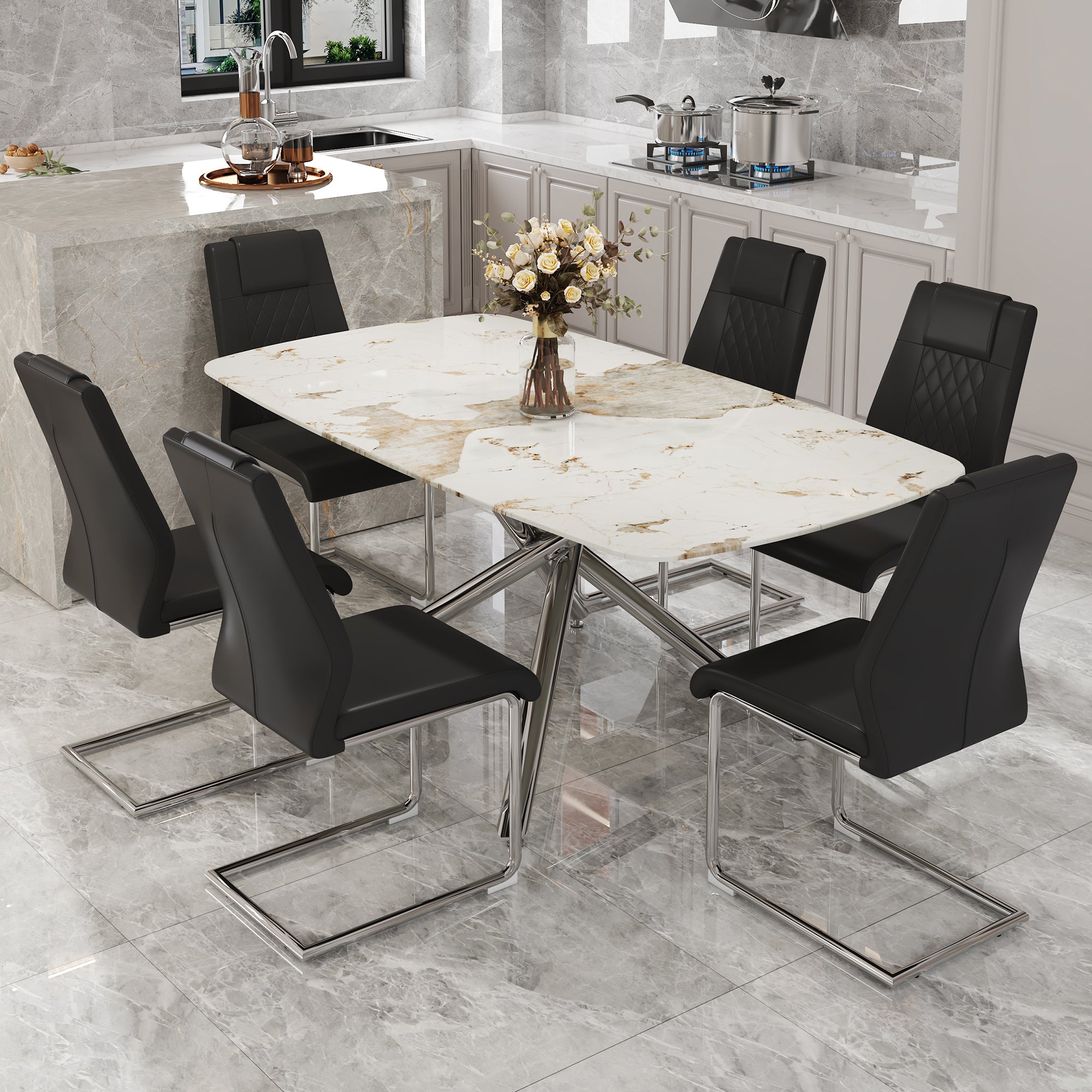 Table And Chair Set, Large Modern Minimalist Rectangular Dining Table, 0.39 "Imitation Marble Tabletop And Silver Metal Legs, Soft Leather Seats. F 1537 Silver Glass Metal