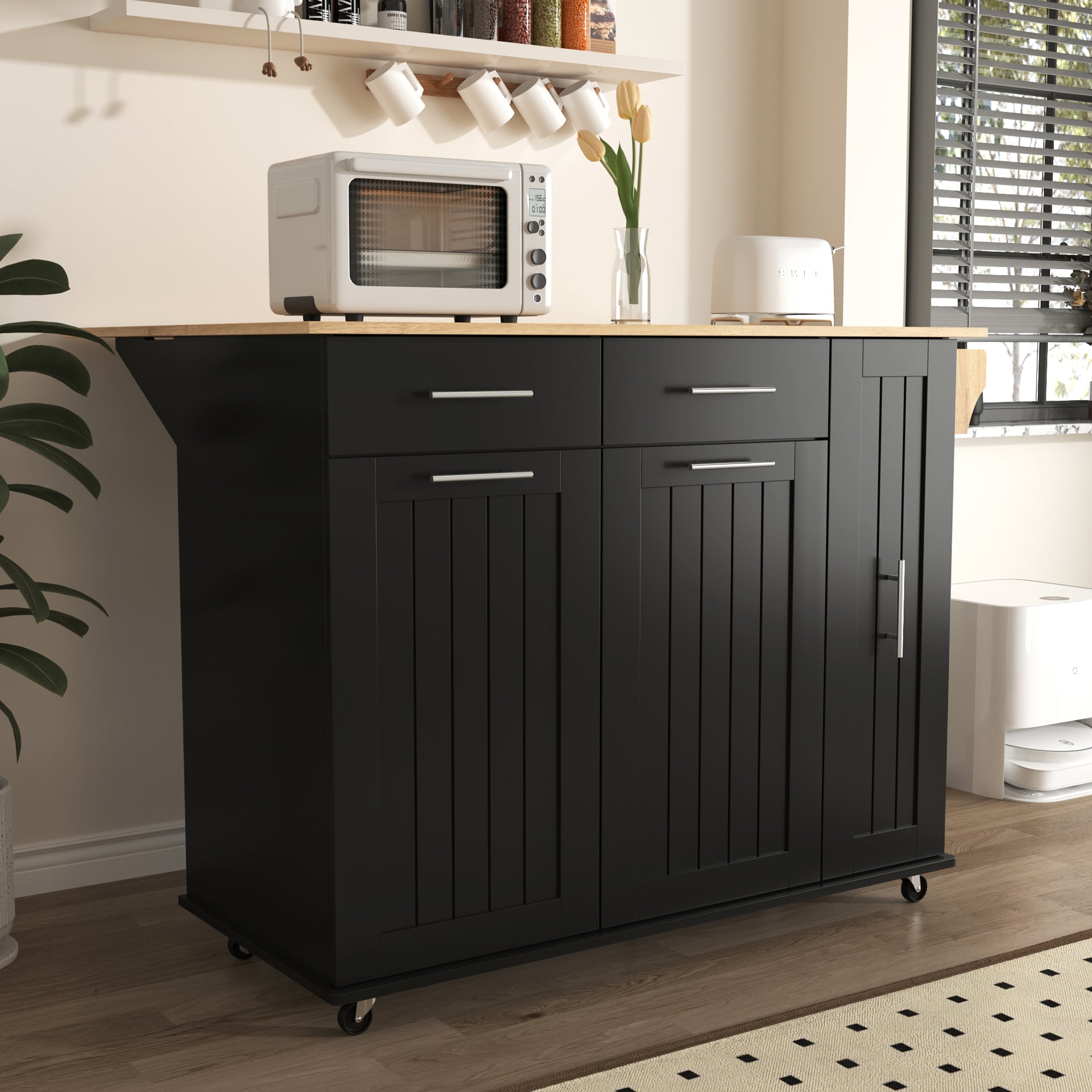 K&K Kitchen Island With Drop Leaf, Kitchen Storage Cart With 3 Tier Pull Out Cabinet Organizer, Internal Storage Rack, Rolling Kitchen Cart On Wheels With Towel Rack, 2 Drawers, For Kitchen, Black Black Brown Kitchen Classic,Farmhouse,Luxury,Modern
