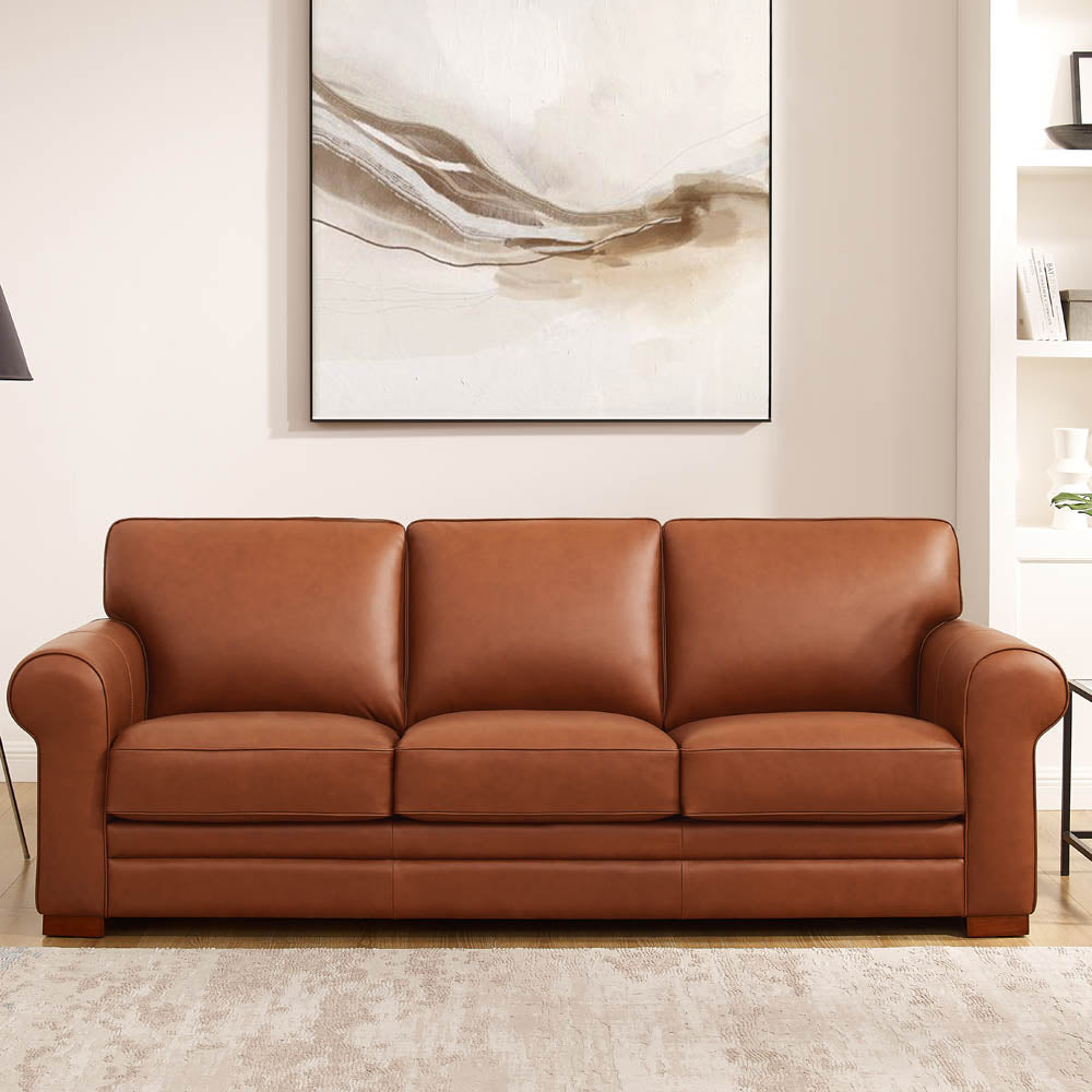 Brookfield Leather Sofa Brown Genuine Leather Wood Primary Living Space Medium Firm Cushion Back Mid Century Modern Eucalyptus Rolled Arms Down Filling Genuine Leather 3 Seat