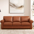 Brookfield Leather Sofa Brown Genuine Leather Wood Primary Living Space Medium Firm Cushion Back Mid Century Modern Eucalyptus Rolled Arms Down Filling Genuine Leather 3 Seat