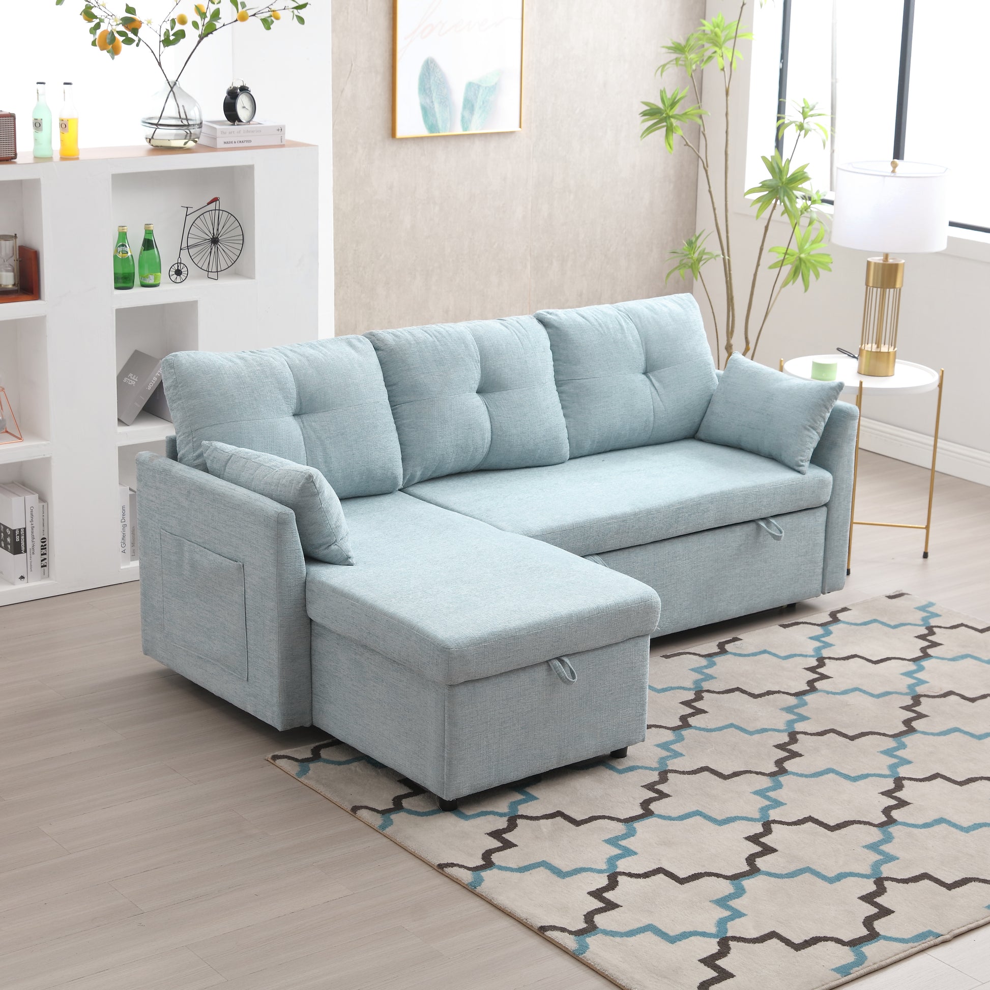 United We Win Furniture, Modular L Shaped Sofa, Modular Long Sofa With Reversible Chaise Lounge, Sofa Bed, Sleeper Sofa, Modular Sofa Combination With Storage Seats. Mint Green Chenille 3 Seat