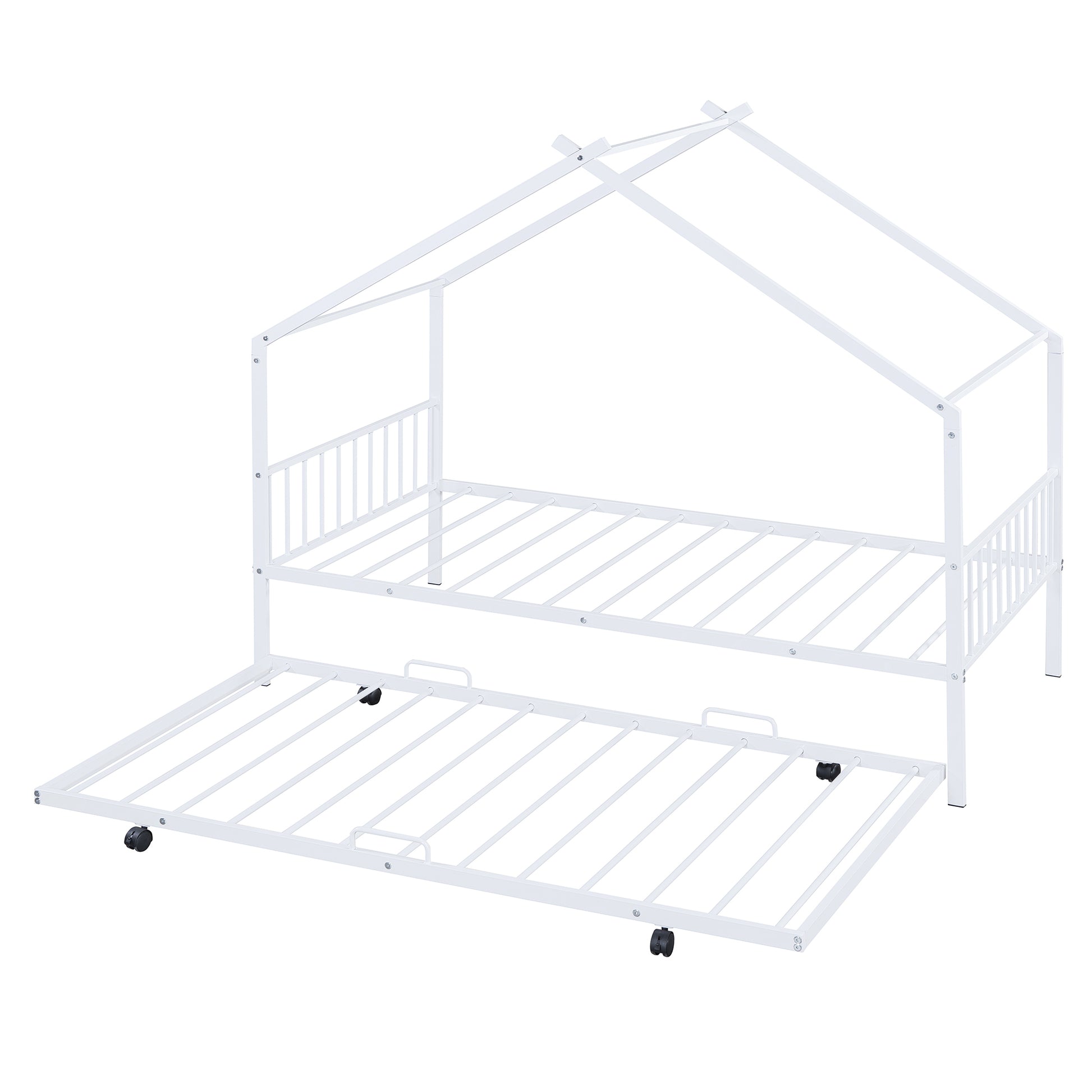 Twin Size Metal House Bed With Twin Size Trundle, White Twin White Metal