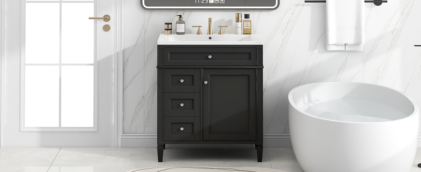 30'' Bathroom Vanity With Top Sink, Modern Bathroom Storage Cabinet With 2 Drawers And A Tip Out Drawer, Single Sink Bathroom Vanity Black Bathroom Solid Wood Mdf