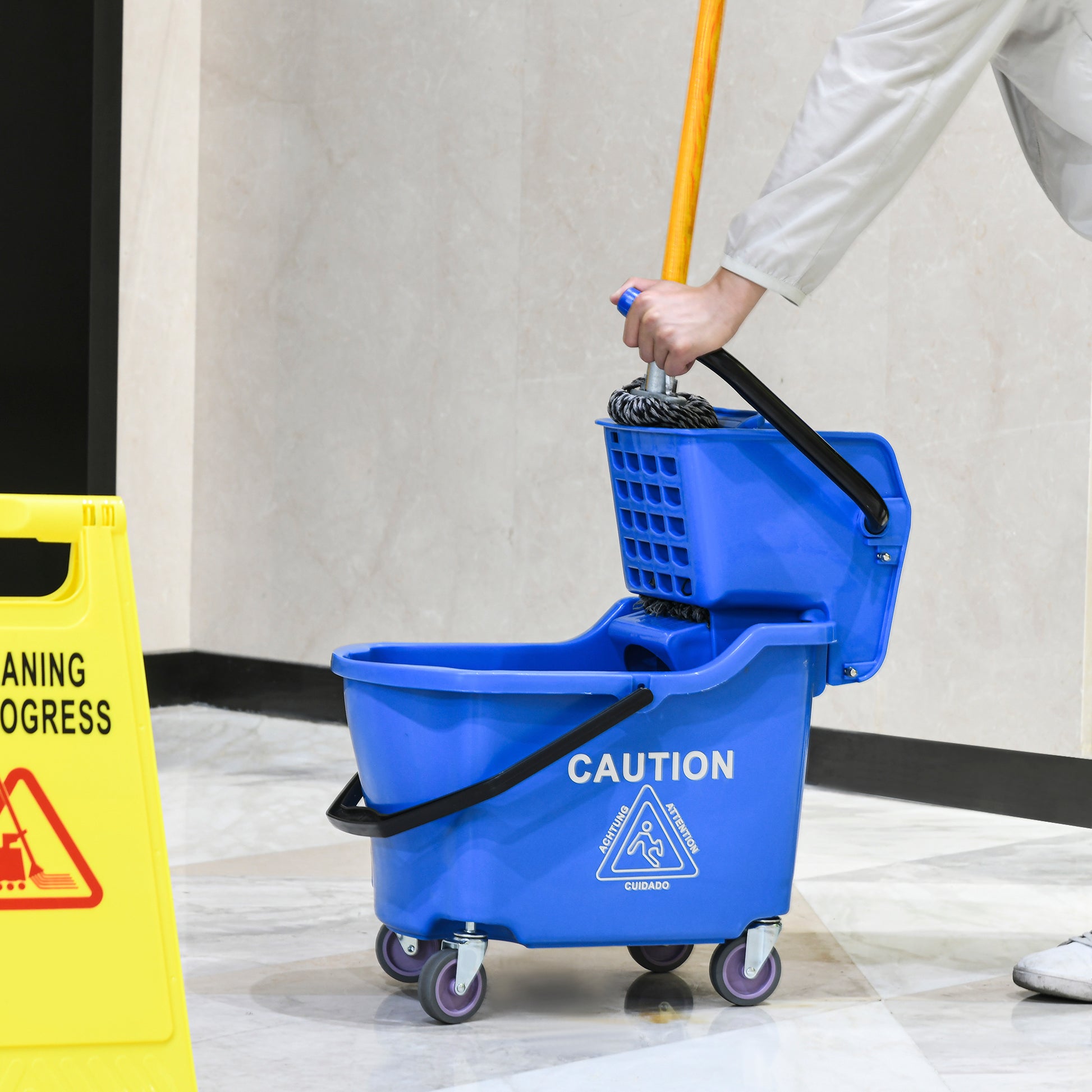 Homcom Mop Bucket Cart With Side Press Wringer, Metal Handle And 34 Quart Capacity, Blue Blue Plastic