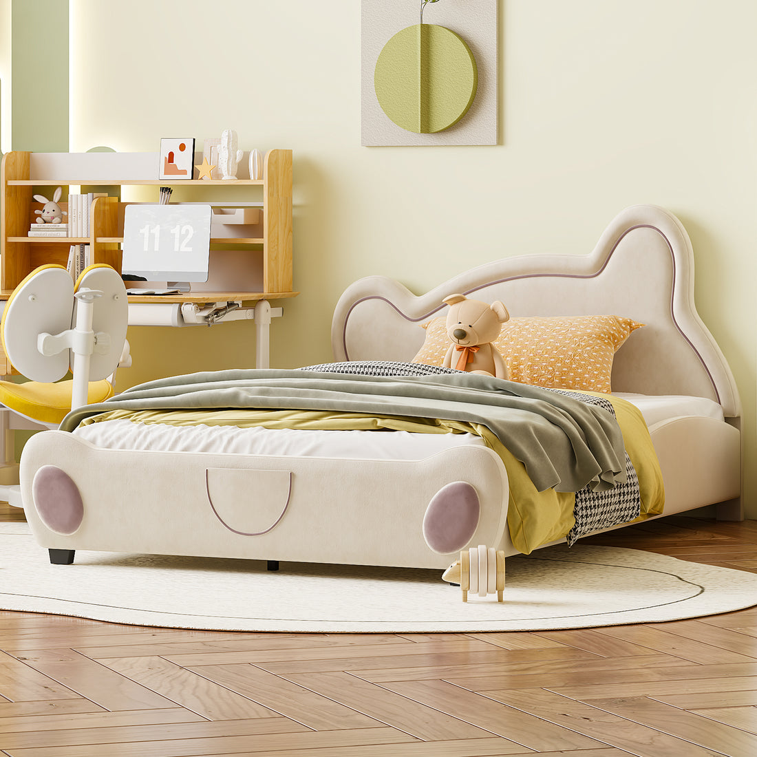 Full Size Velvet Platform Bed With Bear Shaped Headboard, With Bed End Storage Pocket, Beige Full Beige Plywood