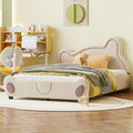 Full Size Velvet Platform Bed With Bear Shaped Headboard, With Bed End Storage Pocket, Beige Full Beige Plywood