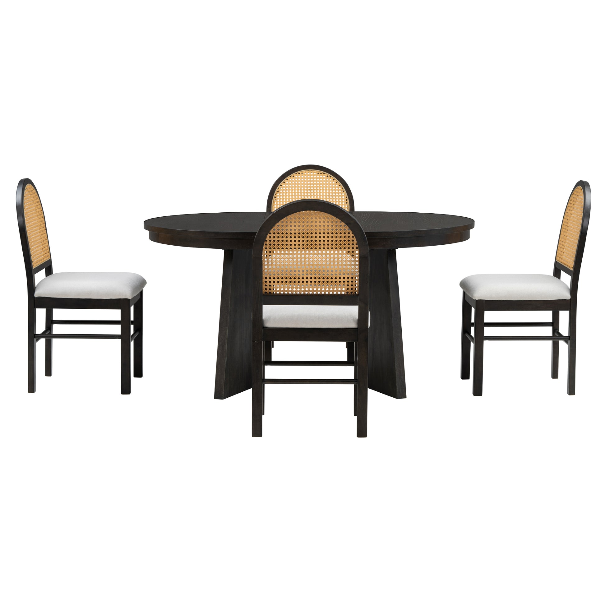 5 Piece Retro Functional Dining Set With 1 Extendable Dining Table And 4 Upholstered Chairs With Rattan Backrests For Dining Room And Kitchen Espresso Espresso Solid Wood Mdf