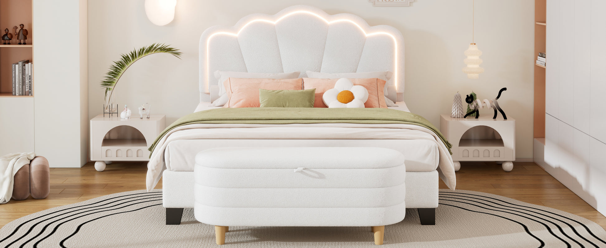 2 Pieces Bedroom Sets Full Size Flower Shaped Upholstered Led Platform Bed With Storage Ottoman Sherpa Fabric, White Full White 2 Piece Set Wood