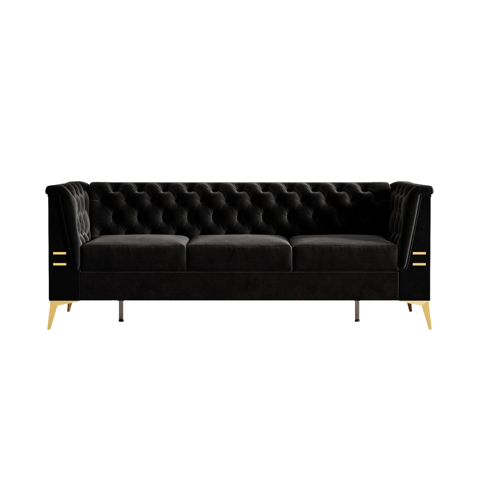 Fx P83 Bk2 Sofa Luxurious Black Velvet Sofa With Gold Legs Modern Chesterfield Design, Tufted Upholstery, 3 Seat Couch For Living Room And Office Black Velvet 3 Seat