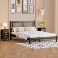 3 Pieces Bedroom Sets Full Size Wooden Platform Bed With Natural Rattan Headboard, Nightstands Set Of 2 With Rattan Woven Surfaces And Three Drawers For Bedroom, Black Black Particle Board