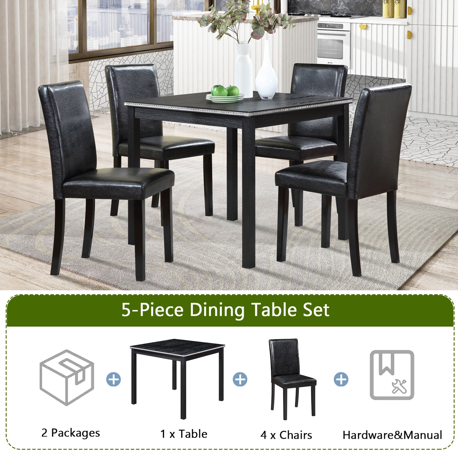 5 Piece Wooden Dining Table Set, Kitchen Table Set With A Square Table And 4 Upholstered Chairs, Wooden Dining Room Table With Crystal Decoration And Chairs Set For Kitchen, Dining Room, Black Black Seats 4 Dining Room 4 Leg Square Dining Table With