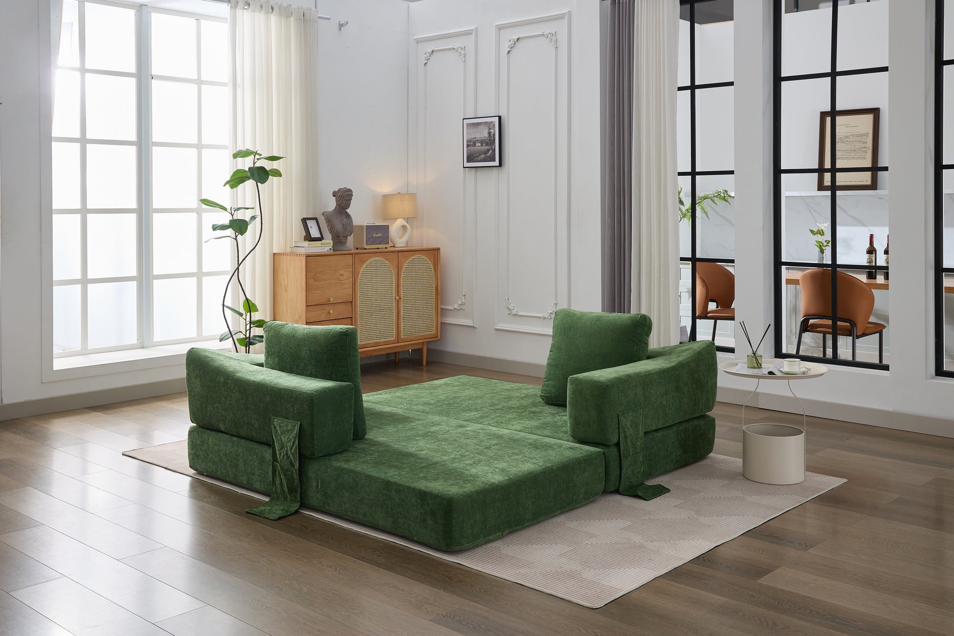 Modern Minimalist Sofa, Fold Out Sofa Bed, Convertible Chair Floor Couch & Sleeping Mattress For Living Room, Bedroom, Apartment, Removable Backrest, Green Green Chenille Soft Vintage Chenille 2 Seat