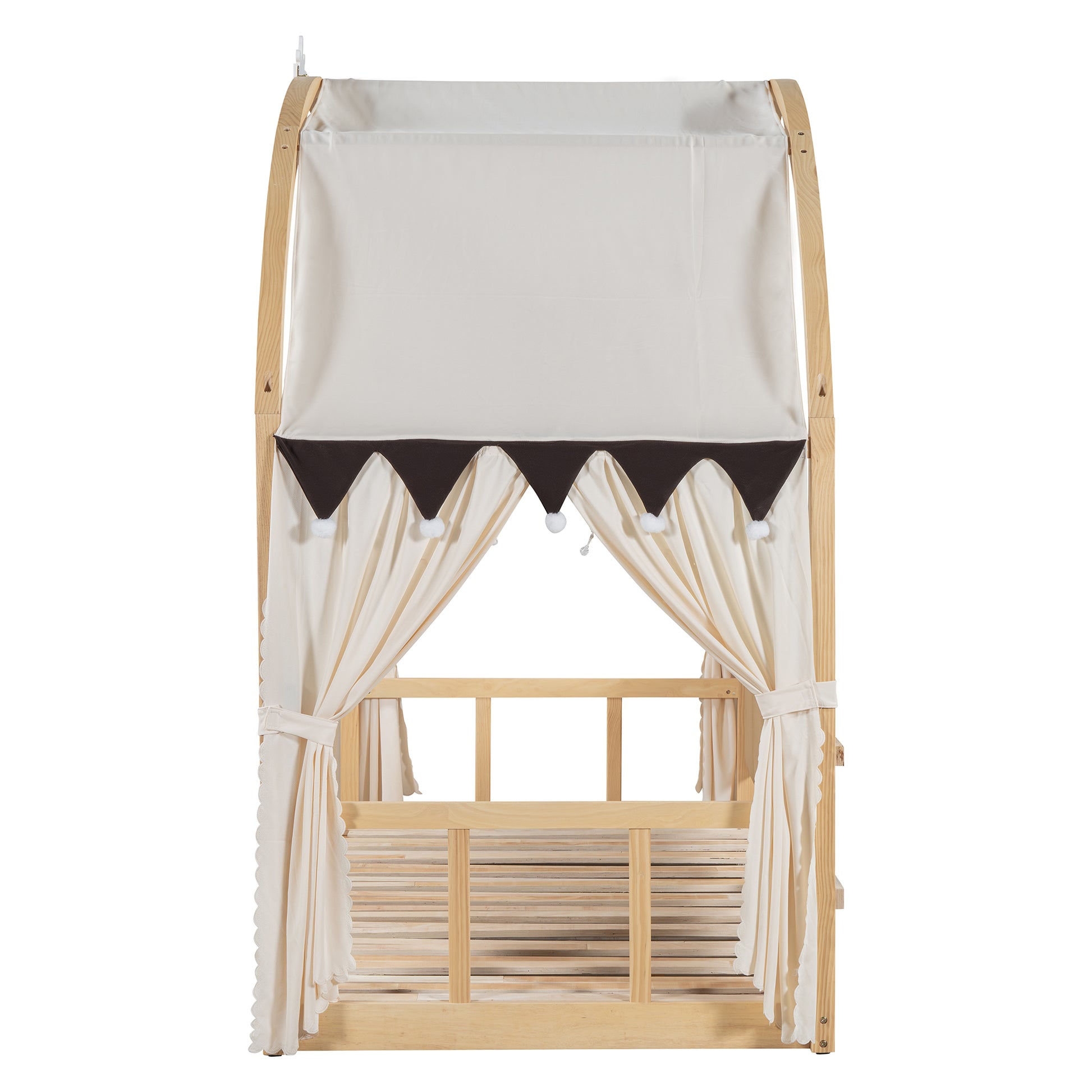 Twin Size Extended Bed With Arched Roof And Trundle, Natural Twin Natural Plywood