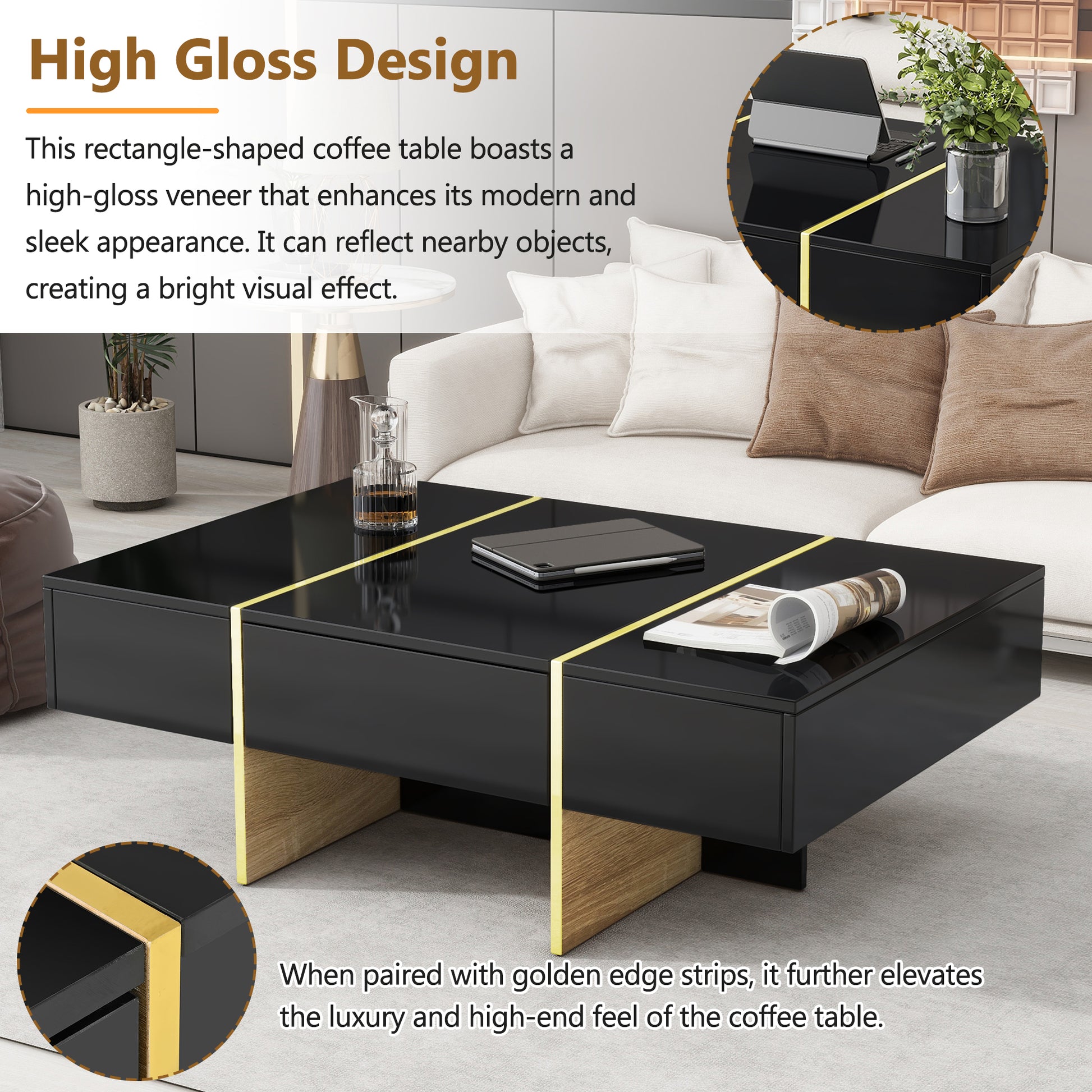 47.2'' X 31.4''Minimalist High Gloss Coffee Table With 2 Drawers, Multi Storage Rectangle Sofa Table With Golden Wood Grain Legs, Modern Center Table For Living Room, Black Black Particle Board Mdf