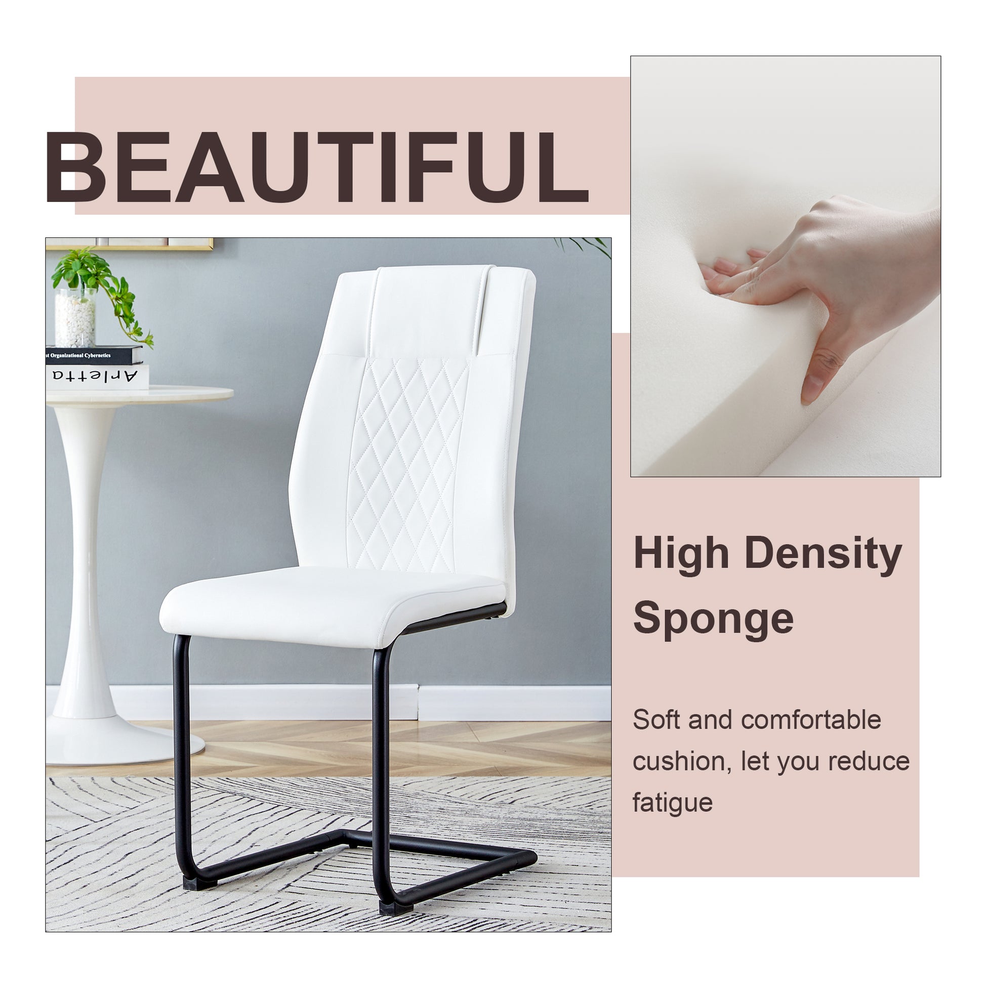 Table And Chair Set. Large Modern Rectangular Table With Black Textured Top And Black Metal Legs. Soft And Comfortable Pu Seats, Faux Leather Upholstered Seats And Sturdy Metal Legs. White Black Seats 4 Sintered Stone