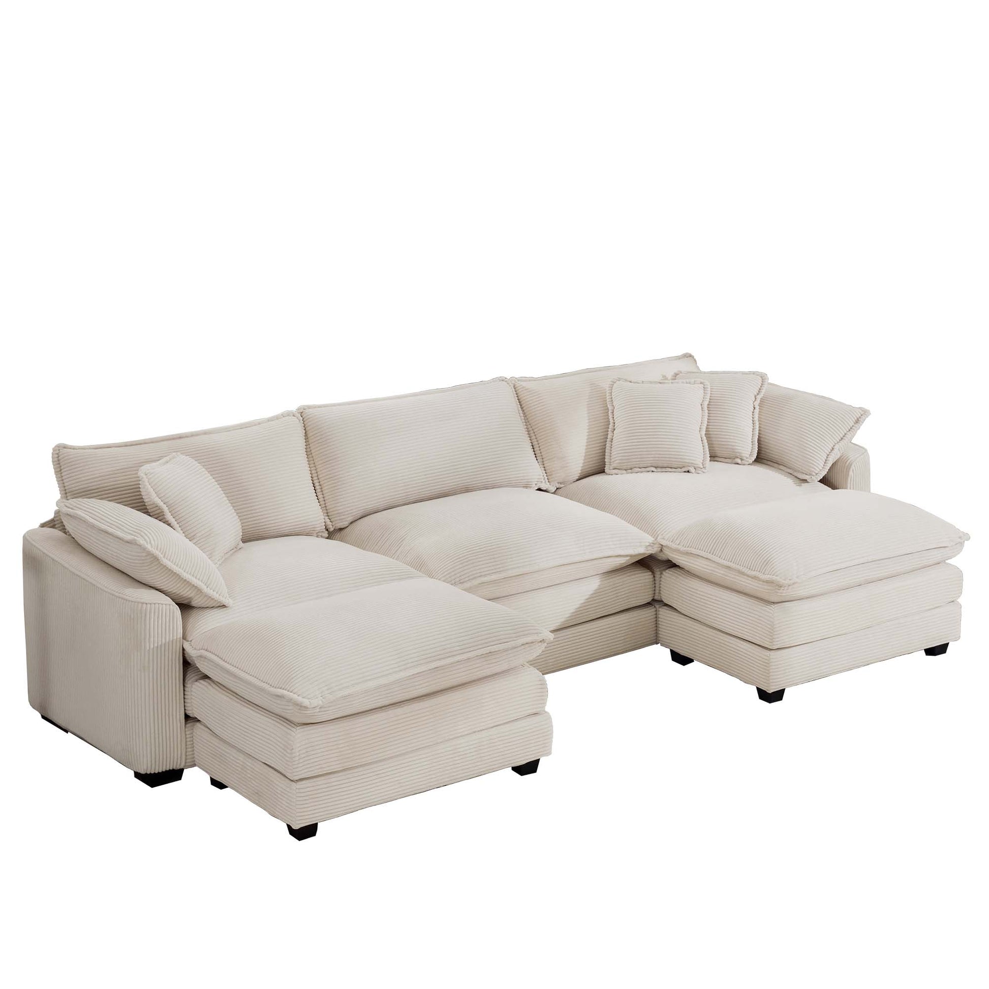 Oversized Modular Cushion Sofa With Ottomans, Comfy Upholstered U Shaped Convertible Corner Sectional Sofa Couch, Light Beige Corduroy Beige Corduroy 3 Seat