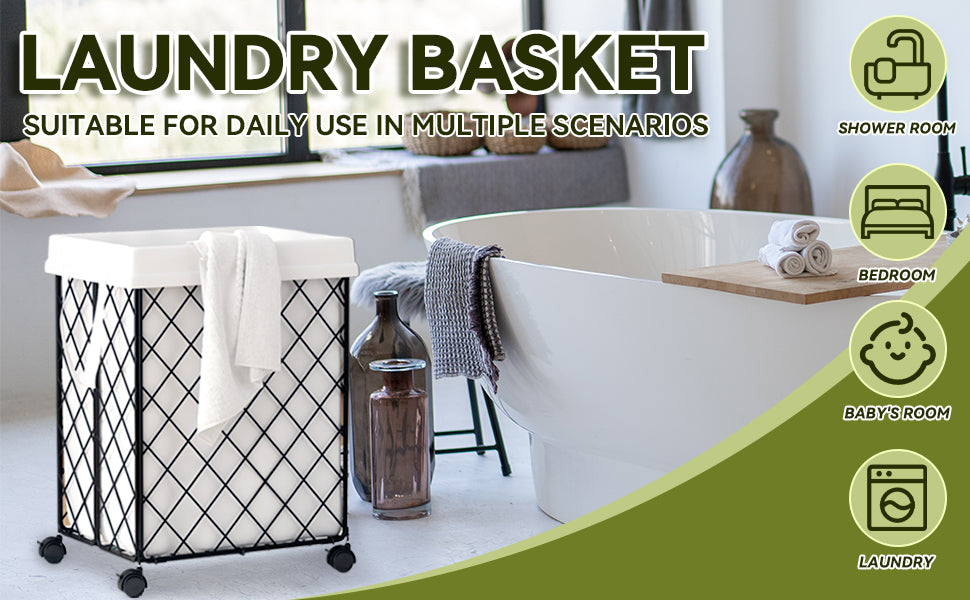 Laundry Basket With Wheels, Rolling Laundry Hamper, Detachable And Washable Lining, Metal Frame, Suitable For Bedrooms, Bathrooms, Laundry Rooms, White White Black 1 Foldable Freestanding Boho