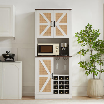 76 Inch Tall Farmhouse Kitchen Faux Rattan Wine Cabinet, Kitchen Bar Cabinet With Square Compartments And Shelves, Large Wooden Faux Rattan Storage Cabinet With Barn Doors And Microwave Shelves White Walnut Particle Board Mdf