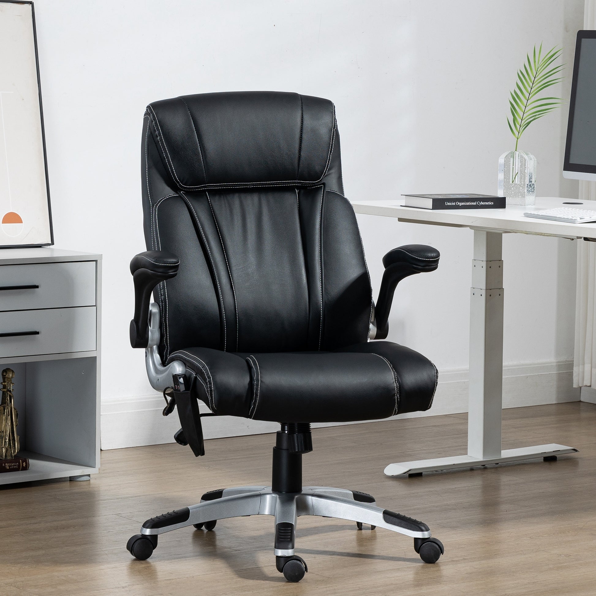 Vinsetto Executive Massage Office Chair With 6 Vibration Points, Heated Faux Leather Computer Desk Chair With Flip Up Armrest, Adjustable Height, Swivel Wheels, Black Black Leather