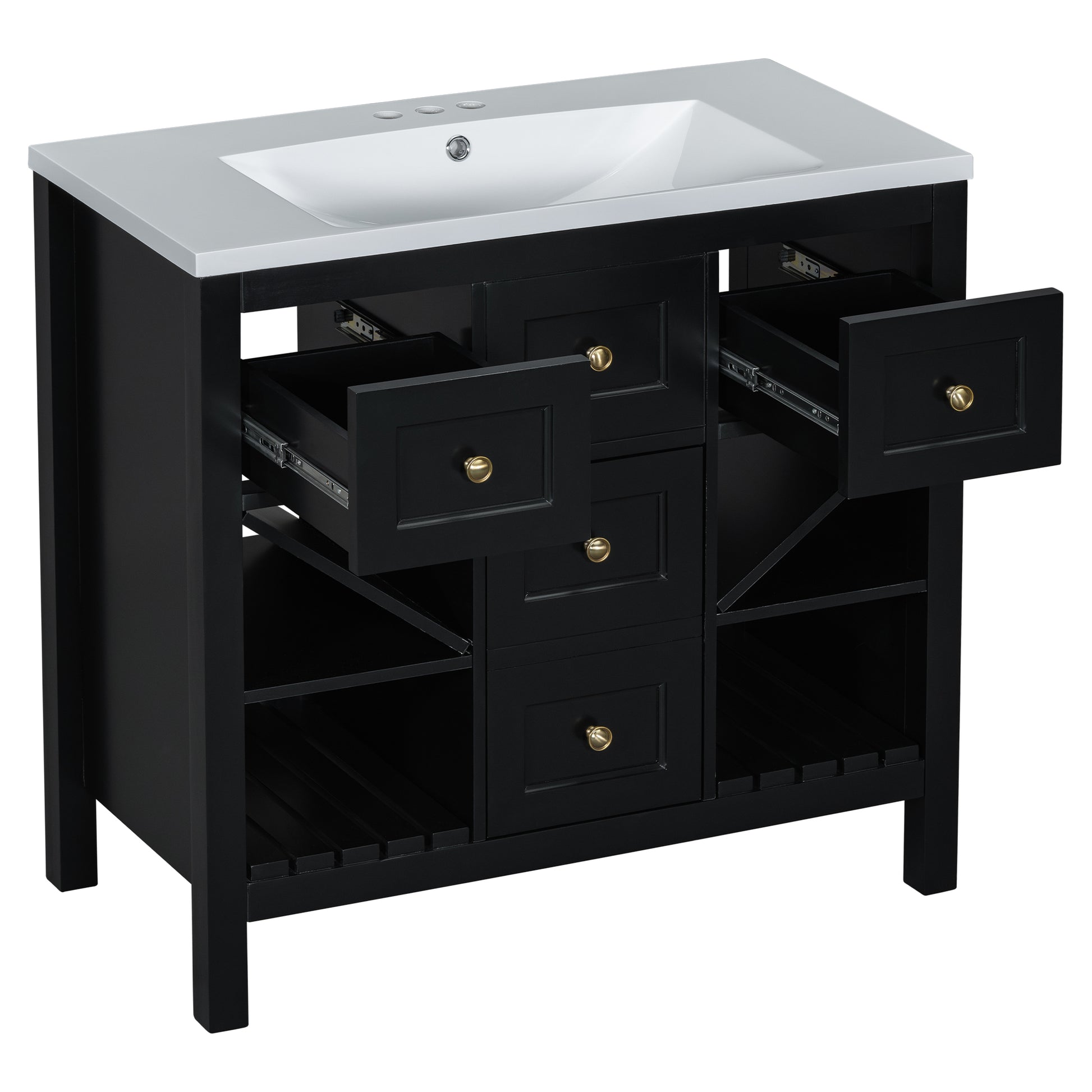 36'' Bathroom Vanity With Resin Sink Combo, Solid Wood Frame Bathroom Storage Cabinet, Freestanding Vanity Set With 5 Drawers& Soft Closing Doors Same As Sw000141Aab Black Bathroom Solid Wood Mdf Resin