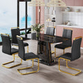 1 Table And 6 Chairs. Modern, Simple And Luxurious Black Imitation Marble Rectangular Dining Table And Desk With 6 Black Pu Gold Plated Leg Chairs 63'' X 35.4'' X 30'' Black Mdf