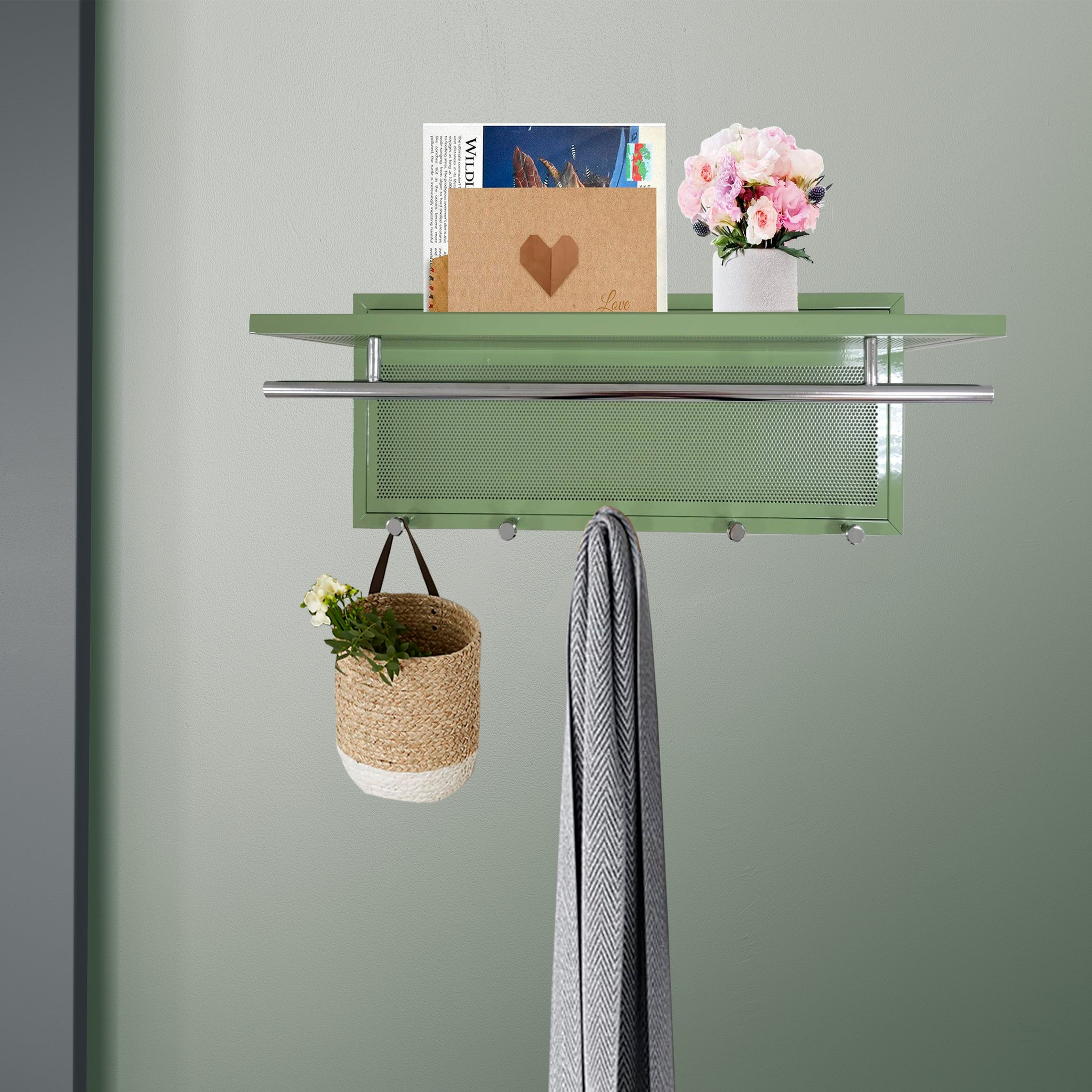 Esyspot Metal Powder Coating Hook Wall Mounted With Shelf Green Bedroom Contemporary Metal Metal