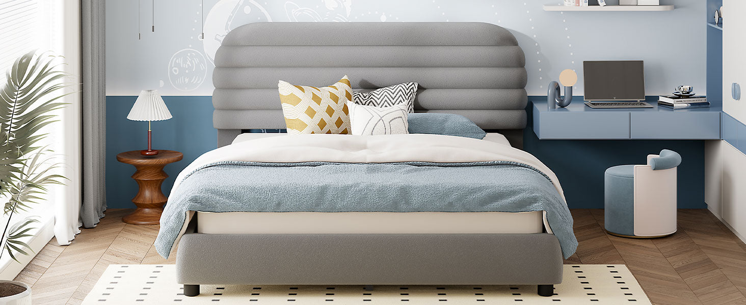 Queen Size Velvet Upholstered Platform Bed,Solid Frame And Stylish Curve Shaped Design, Gray Queen Gray Velvet