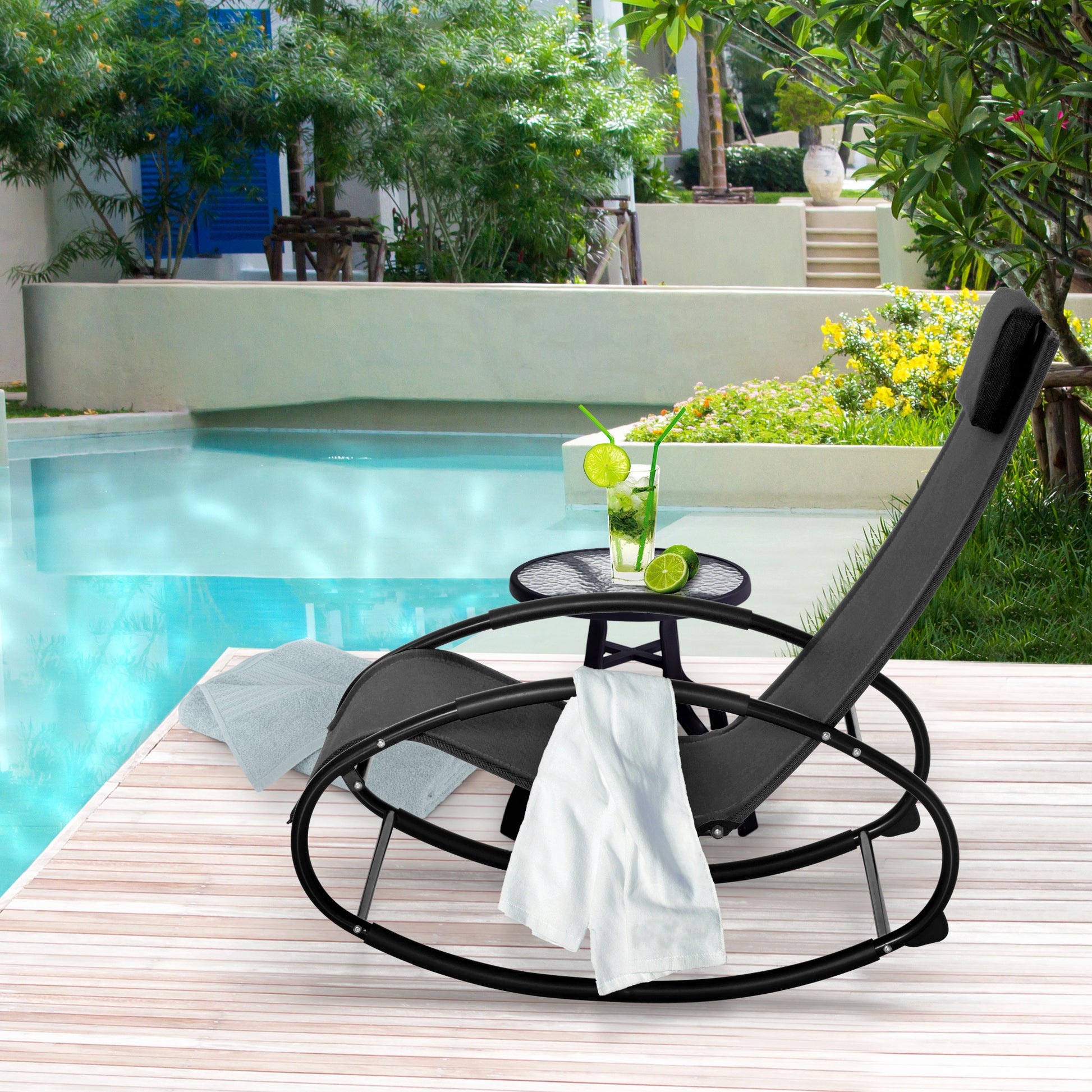 Outsunny Pool Lounger, Outdoor Rocking Lounge Chair For Sunbathing, Pool, Beach, Porch With Pillow & Cool Mesh, Sun Tanning Rocker, Black Black Steel