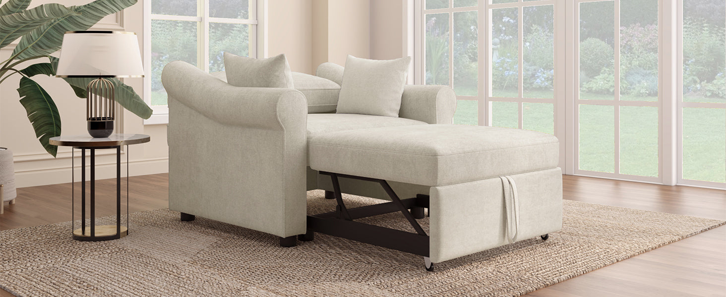 Chenille Convertible Sleeper Chair With Adjustable Backrest, 3 In 1 Lounger Chair Turns Into Bed, Single Bed For Living Room, Beige Beige Chenille