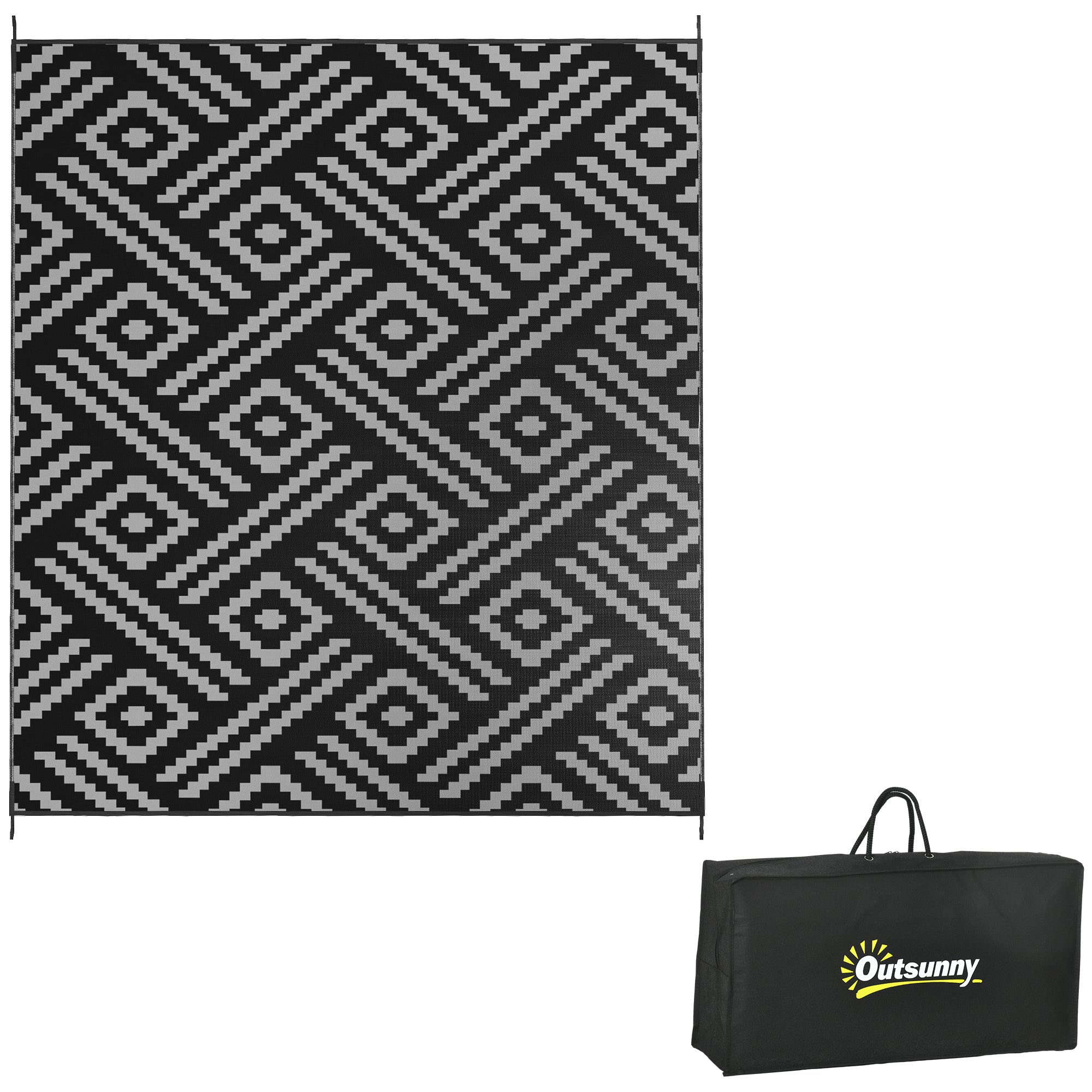 Outsunny Reversible Outdoor Rug, 8' X 10' Waterproof Plastic Straw Floor Mat, Portable Rv Camping Carpet With Carry Bag, Large Floor Mat For Backyard, Deck, Picnic, Beach, Black & Gray Geometric Multicolor Polypropylene