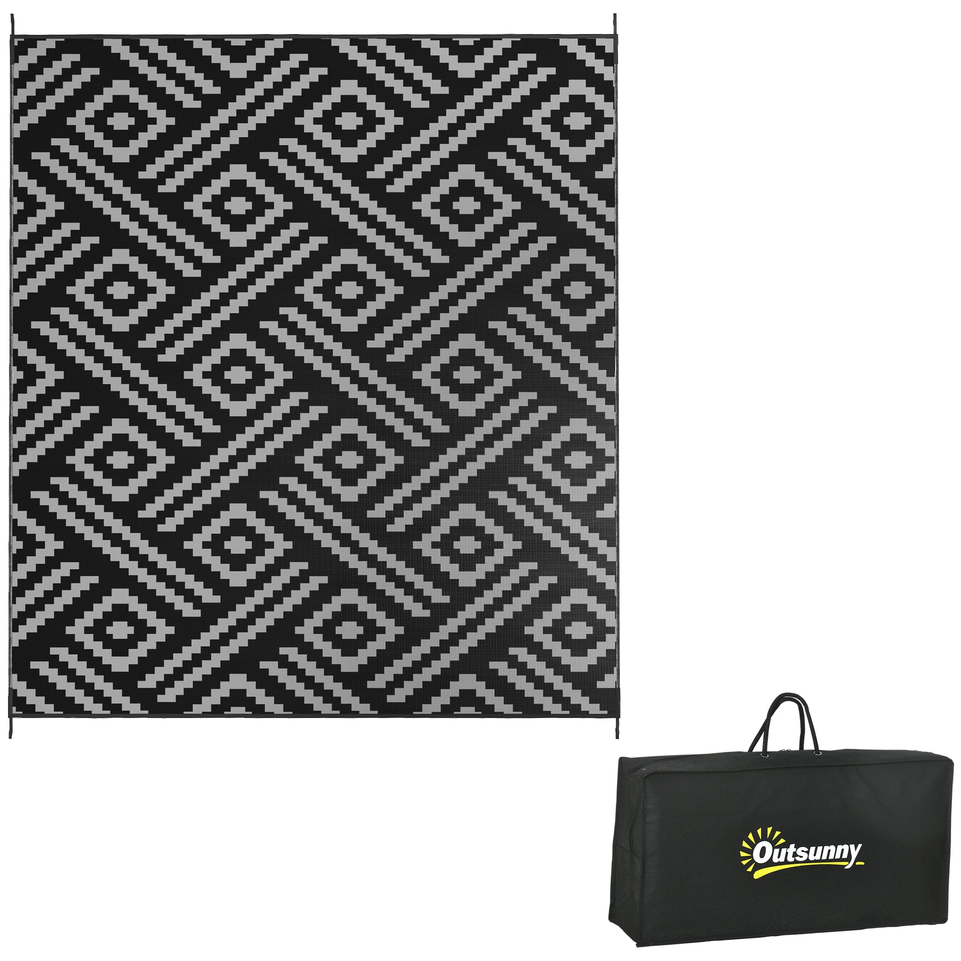 Outsunny Reversible Outdoor Rug, 8' X 10' Waterproof Plastic Straw Floor Mat, Portable Rv Camping Carpet With Carry Bag, Large Floor Mat For Backyard, Deck, Picnic, Beach, Black & Gray Geometric Multicolor Polypropylene