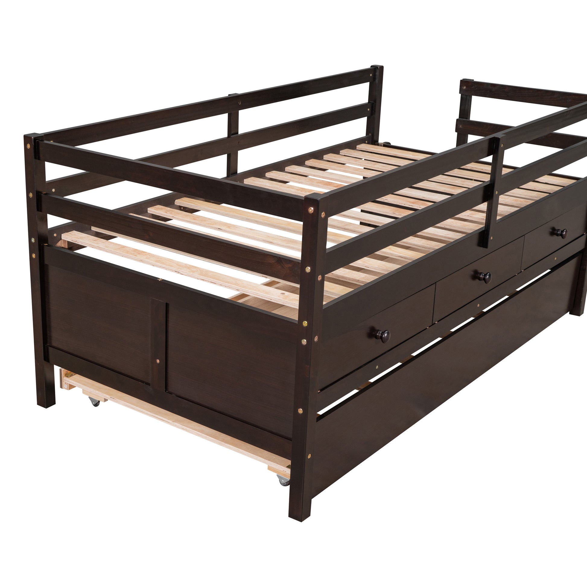 Low Loft Bed Twin Size With Full Safety Fence, Climbing Ladder, Storage Drawers And Trundle Espresso Solid Wood Bed Espresso Solid Wood